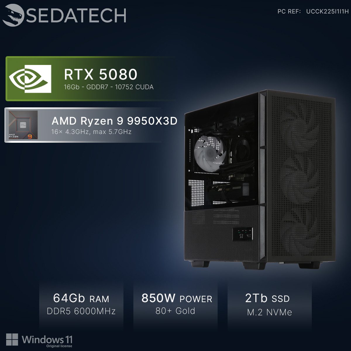 Sedatech UCCK225I1I1HF - Watercooling Gaming-PC (AMD Ryzen 9 9950X3D 16x 4.3GHz (max 5.7GHz), Geforce RTX5080 16GB, 64 GB RAM, 2000 GB SSD, Watercooling, Wlan 7)