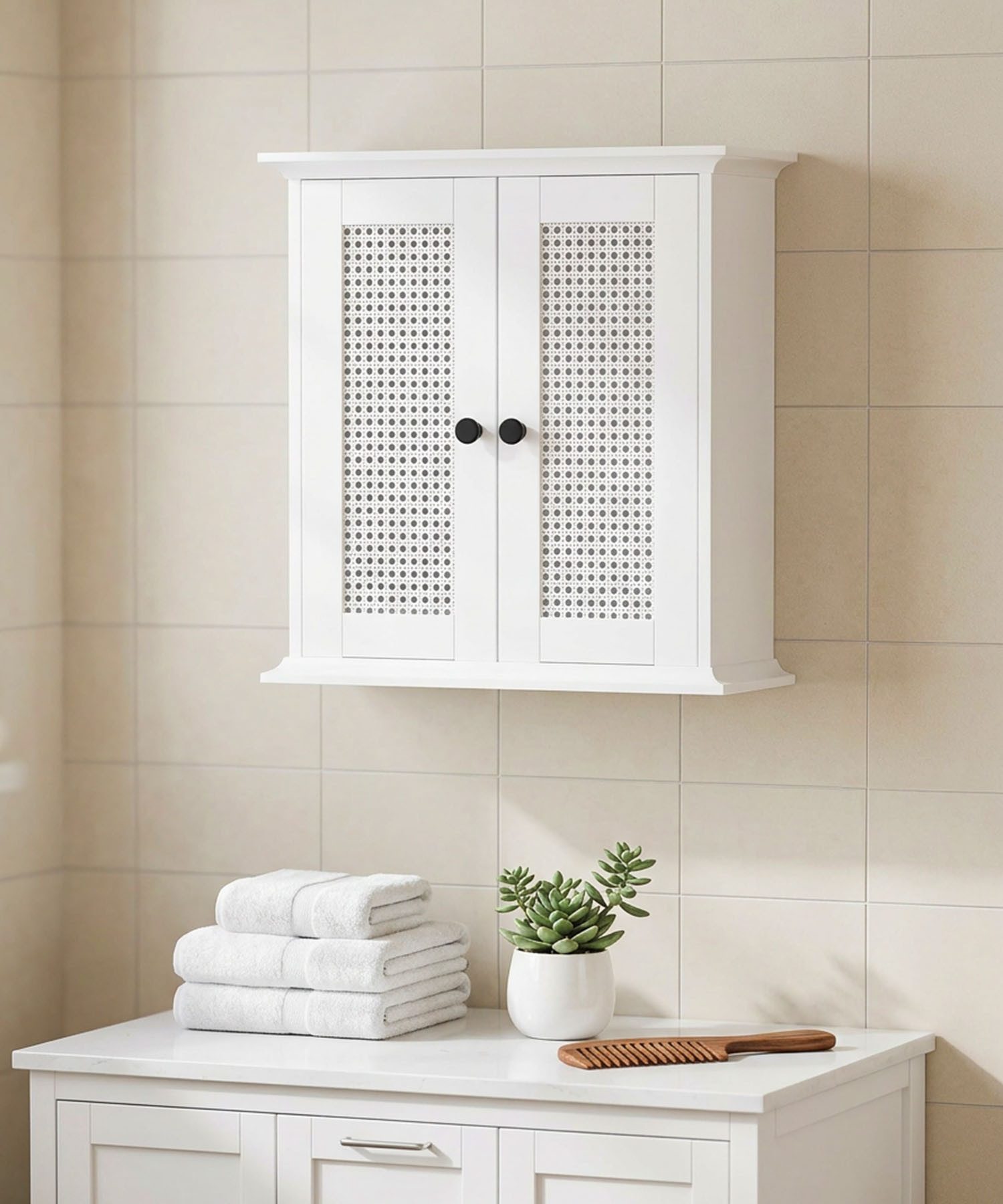 Yorbay Hängeschrank Badezimmerschrank mit Rattanfront (57 x 60 x 22 cm) Wei günstig online kaufen