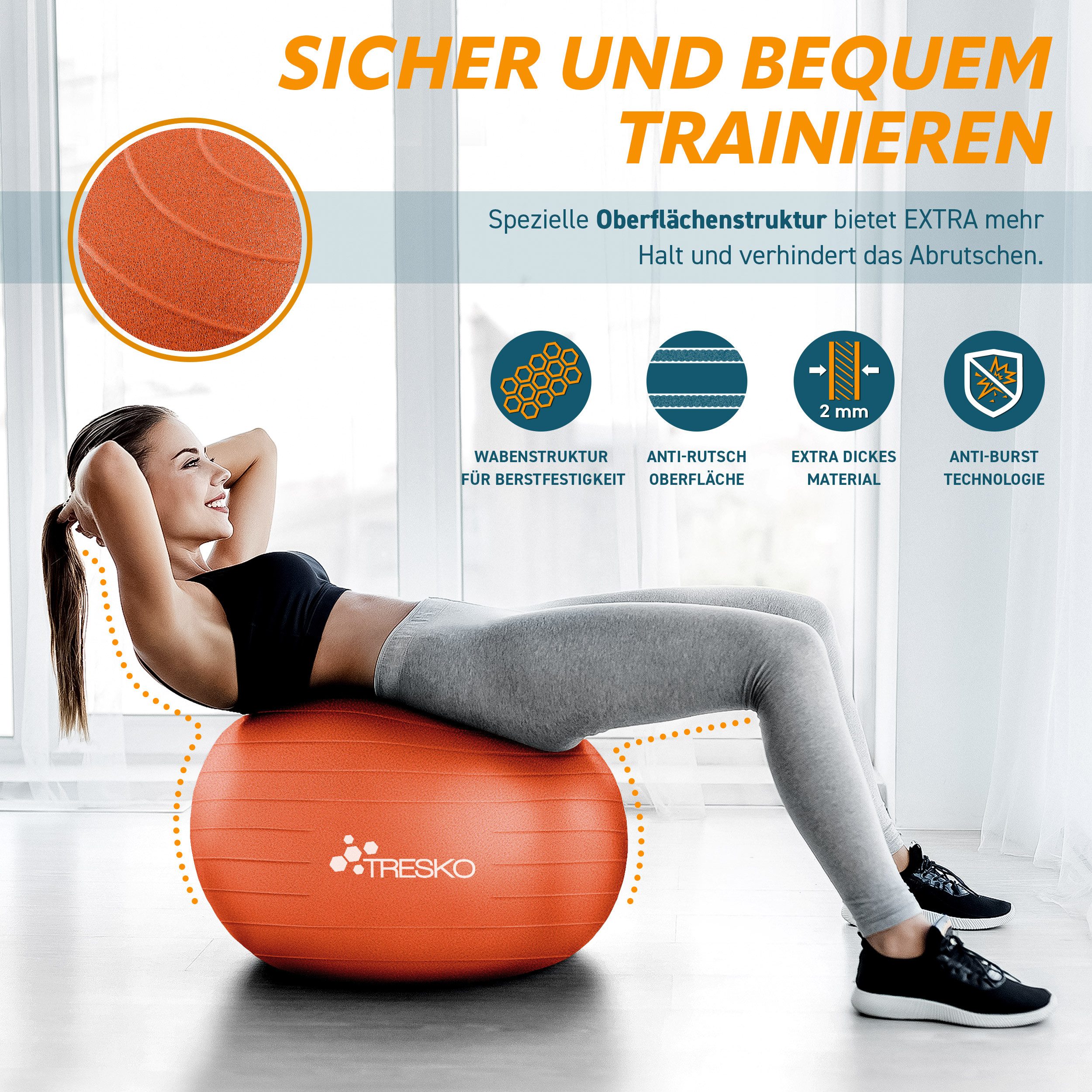 TRESKO Gymnastikball mit GRATIS Übungsposter inkl. Luftpumpe Yogaball, BPA-Frei Sitzball Büro Anti-Burst inkl. Luftpumpe, Fitnessball