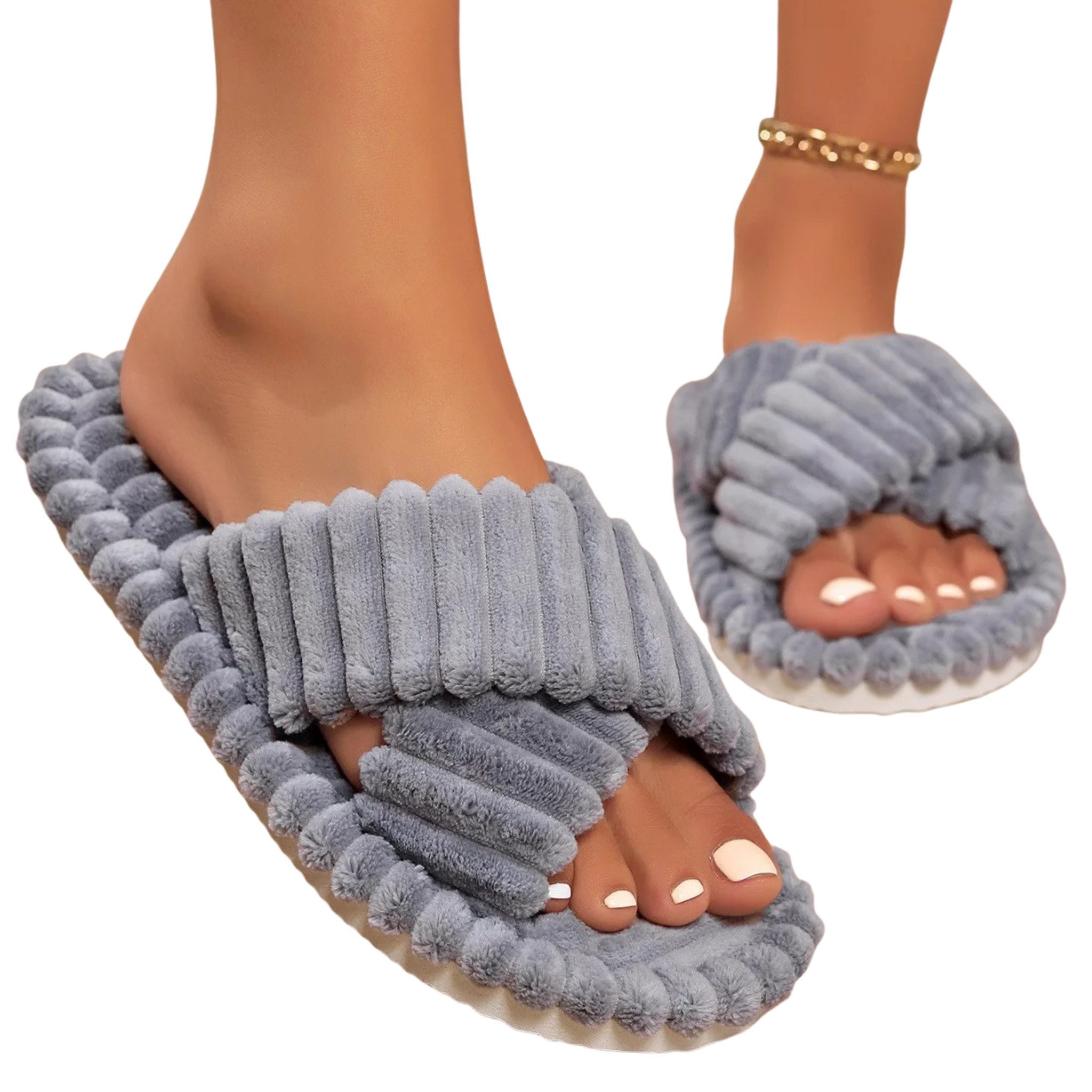 NEXORA Damen Hausschuhe flauschig – Kuschelige Pantoffeln mit Kreuzriemen Plüsch Hausschuhe (Paar, Paar) kuschelige Plüsch-Hausschuhe mit rutschhemmender Sohle