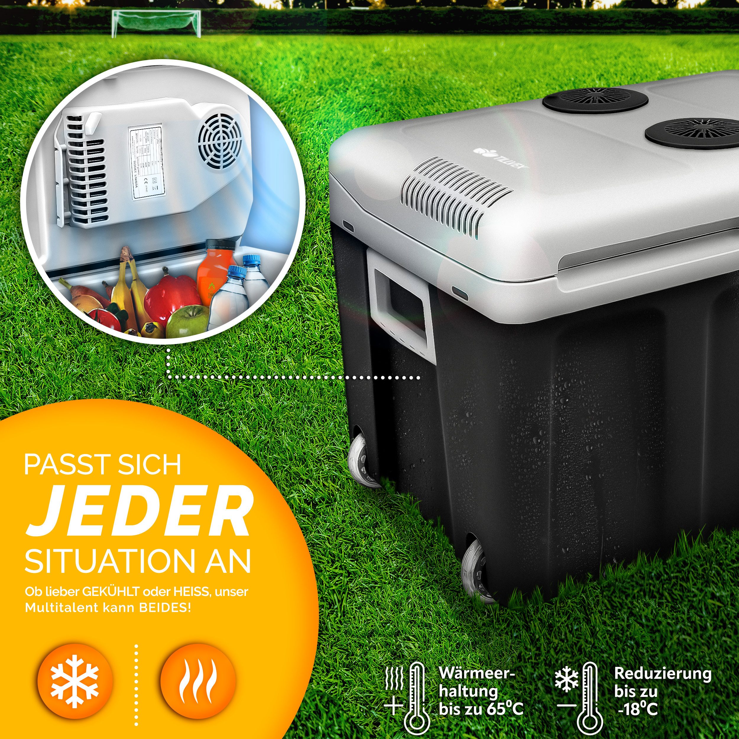 tillvex Kühlbox elektrisch 40L mit Rollen Mini-Kühlschrank, 230 V und 12 V für KFZ Auto Camping, kühlt & wärmt, ECO-Modus