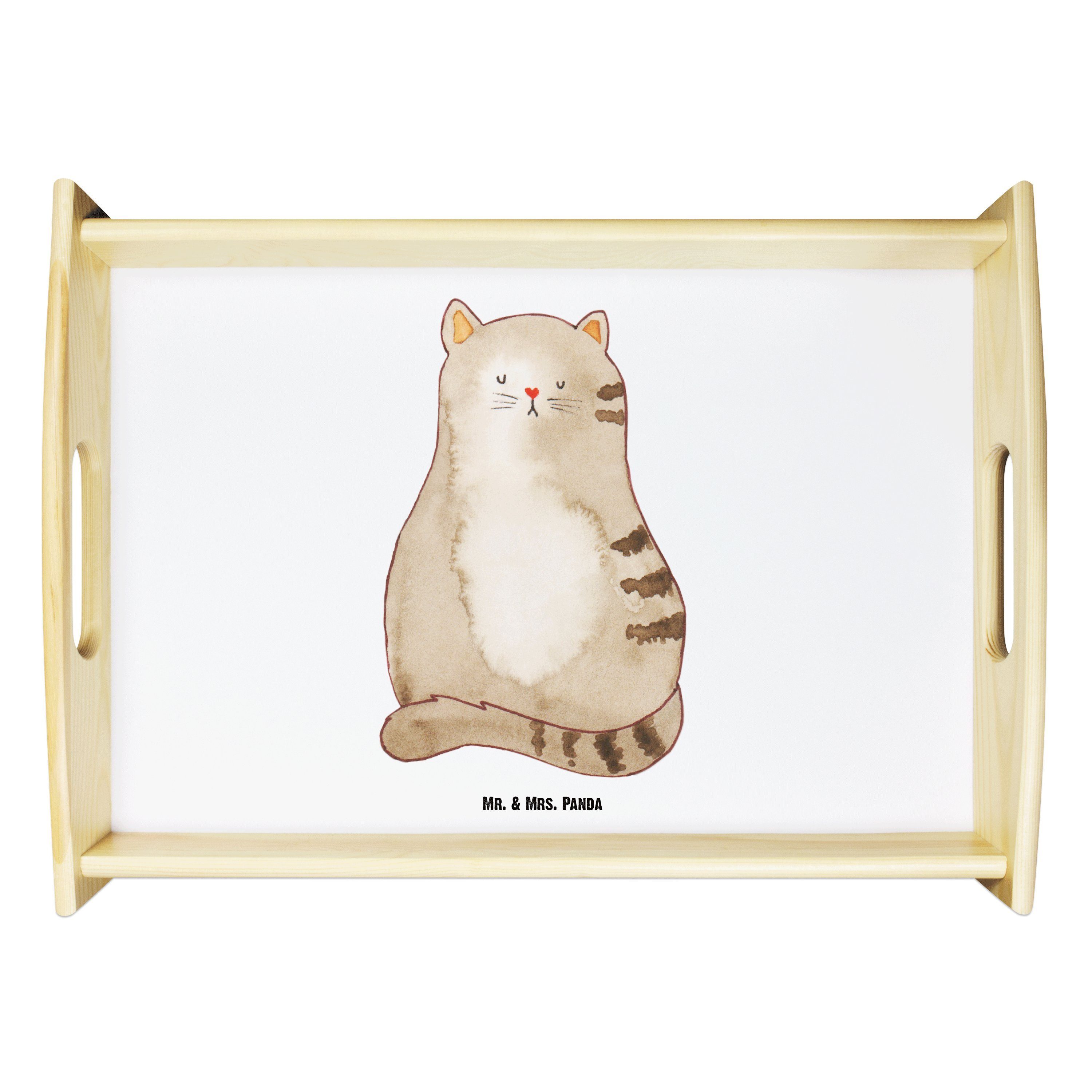 Mr. & Mrs. Panda Tablett Katze sitzend - Weiß - Geschenk, Cats, Miau, Haustier, Katzenliebhabe, Echtholz lasiert, (1-tlg)