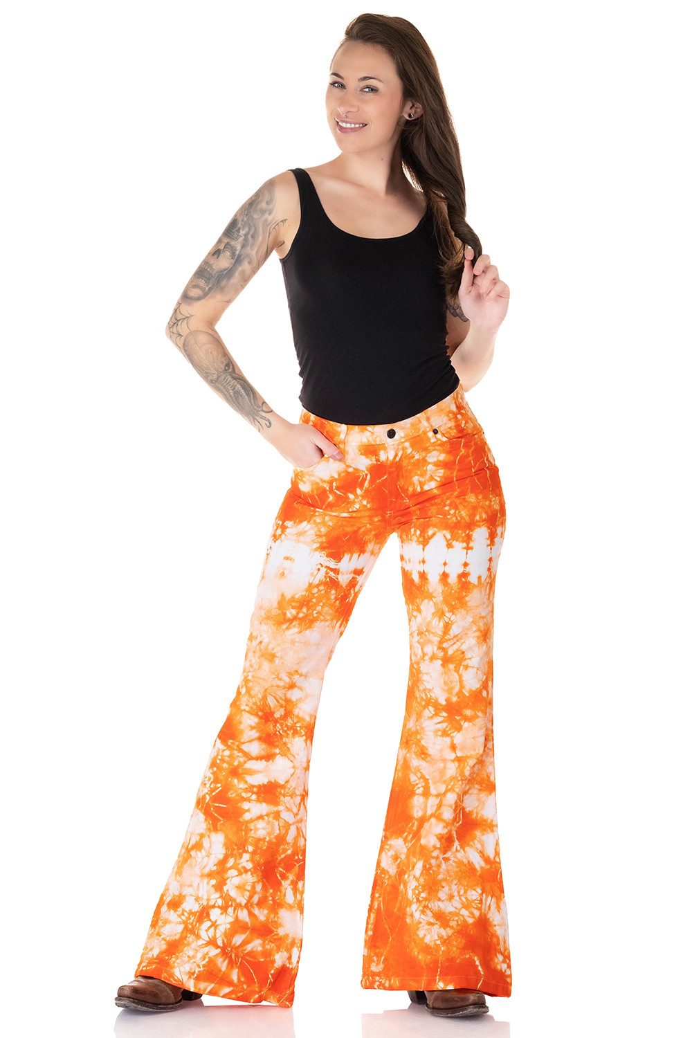 Schlaghose Damen Batik orange weiss