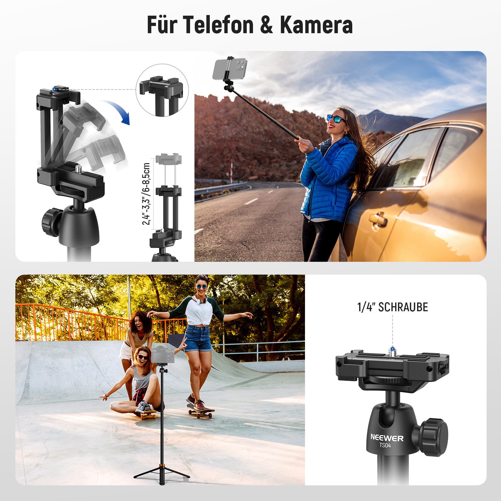 Neewer TS04 59"Selfie Stick Stativ, mit 360° Kugelkopf Handyhalterung Handstativ (Kleines Metall Tragbares Reisestativ für iPhone & DSLR Kameras)