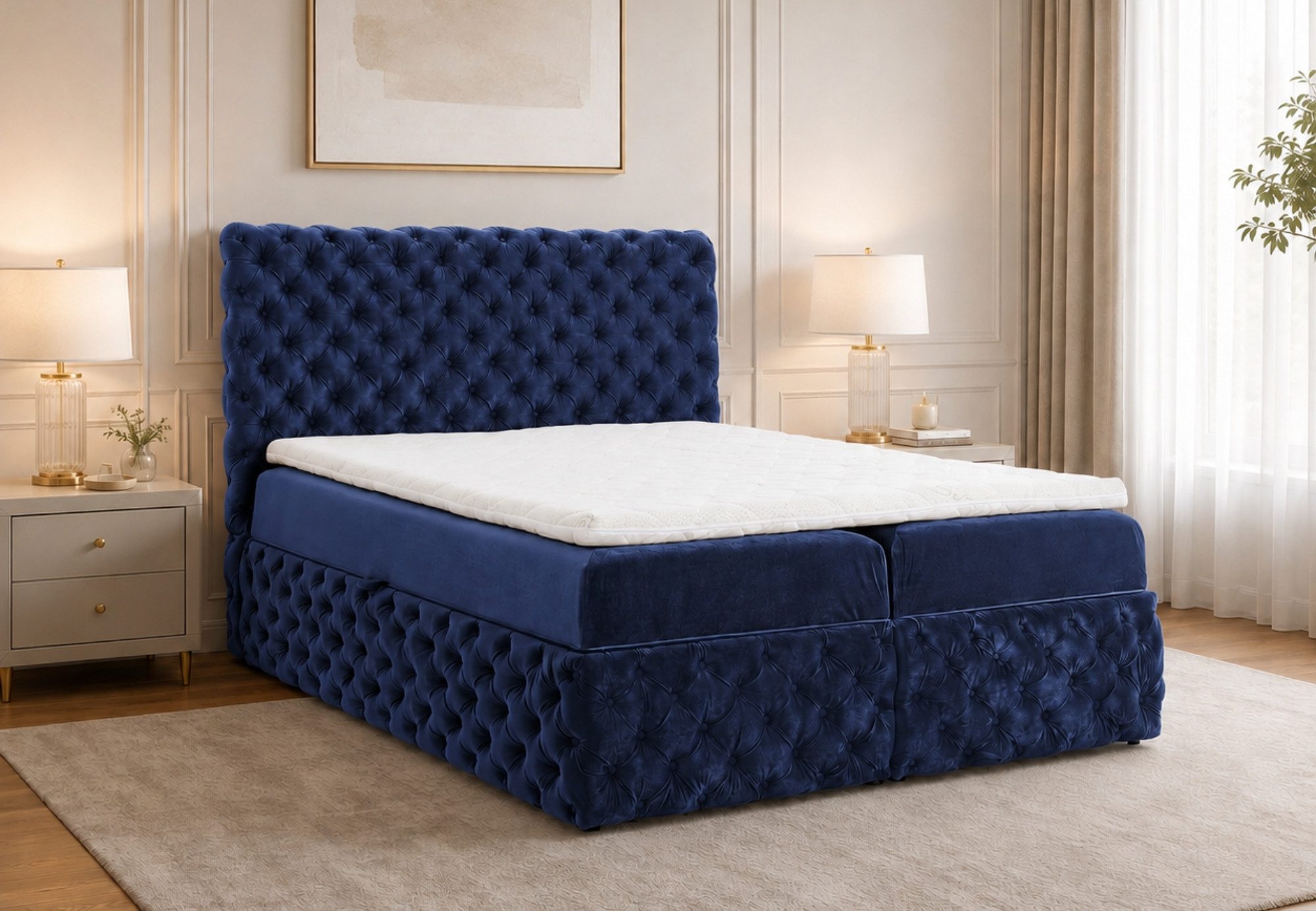 Home Collective Boxspringbett Polsterbett Doppelbett Bett mit Stauraum und Topper (mit Taschenfederkern-Matratze & leichtgängiger Federmechanik), robuster Velours-Stoff, edles Design mit Knopfsteppung Marineblau