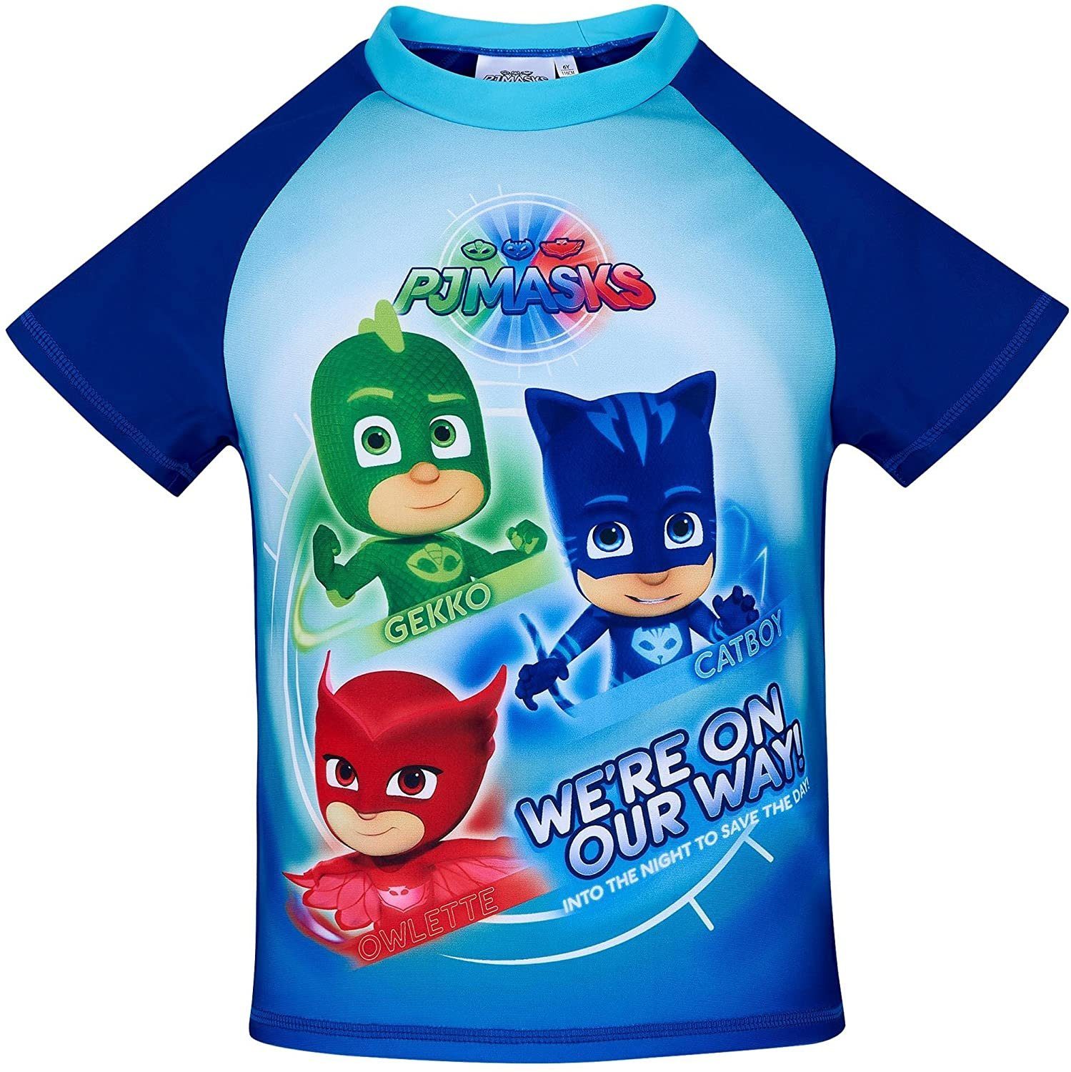 PJ Masks Schwimmanzug PJ MASK Kinder Schwimm T-SHIRT BADESHIRT Sonnenschutzfaktor UV 50+ Swimshirt Oberteil zum Baden Jungen + Mädchen Gr. 98 104 116 128