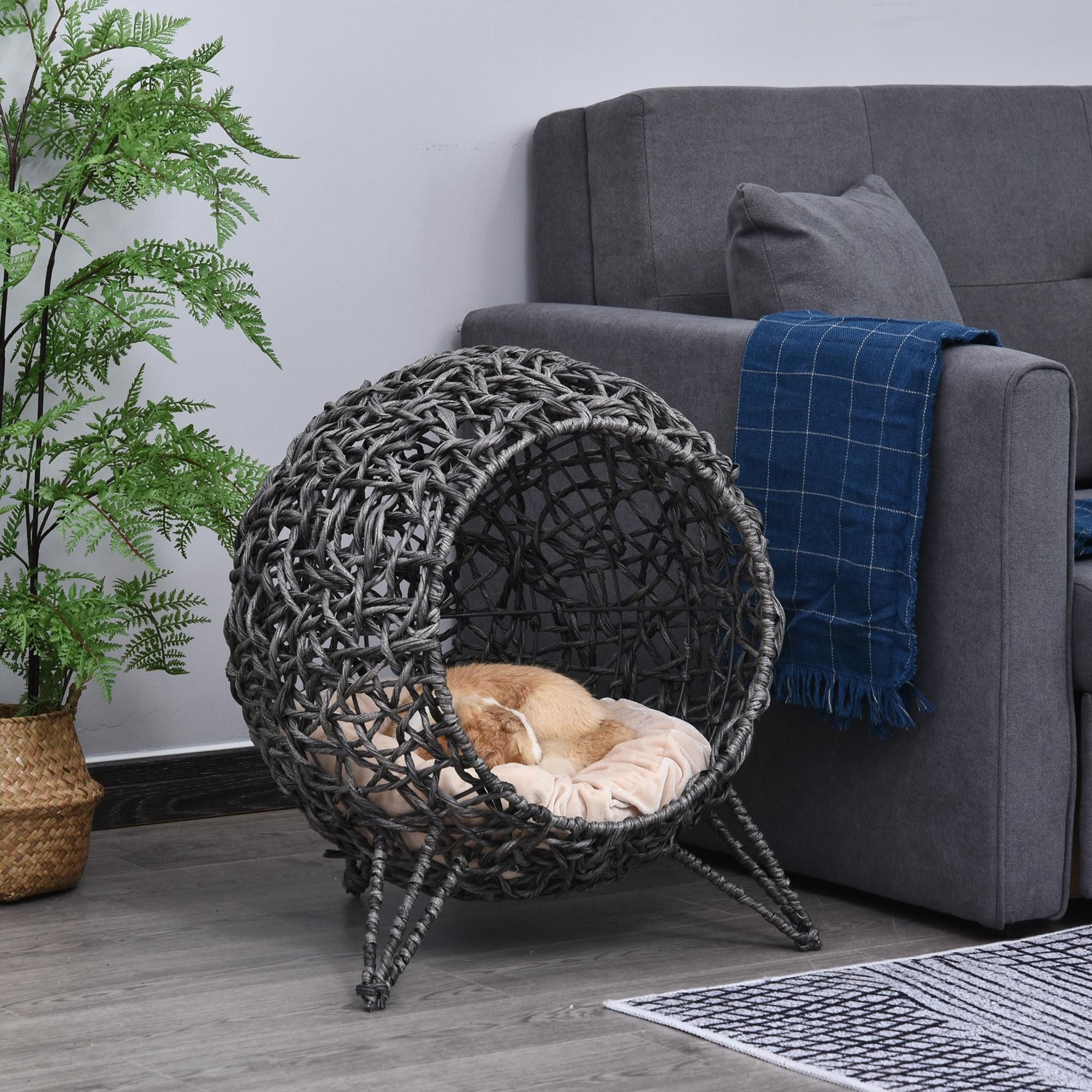 PawHut Tierhaus Katzenhaus mit Kissen Katzenschlafplatz mit erhöhten Füßen, für Katzen, Silbergrau
