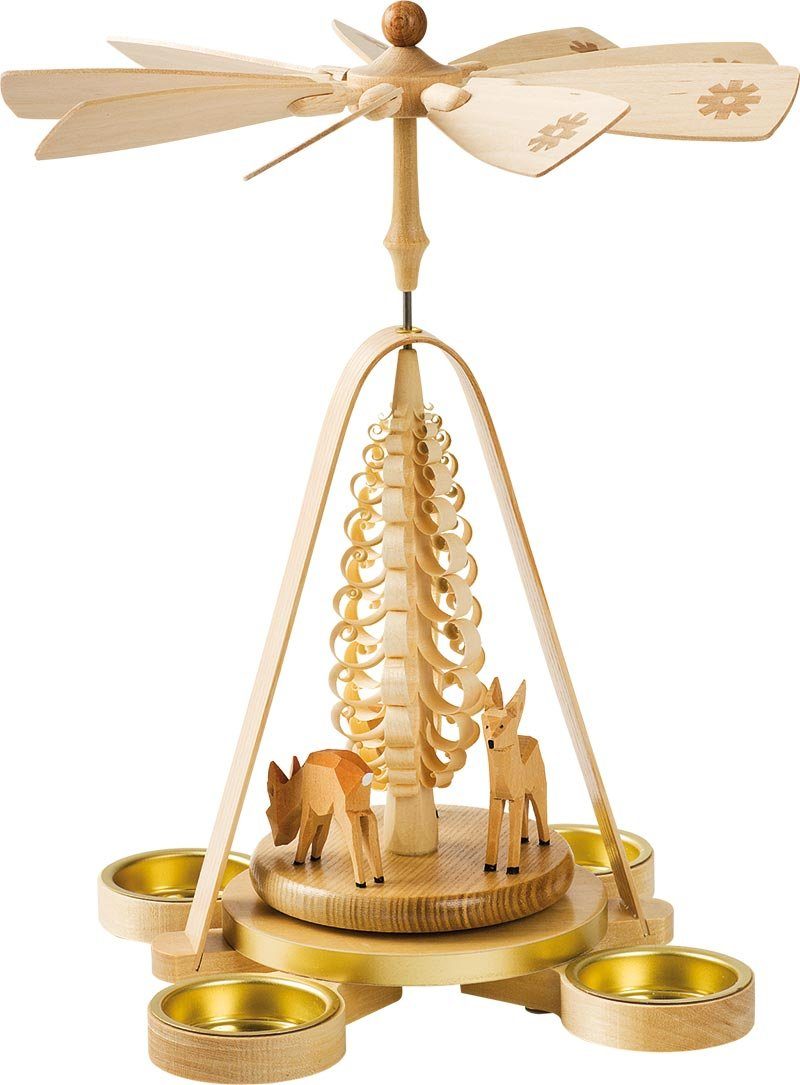 Richard Glaesser Weihnachtspyramide Pyramide Rehe natur, Höhe 28 cm, Handwerkskunst original Erzgebirge
