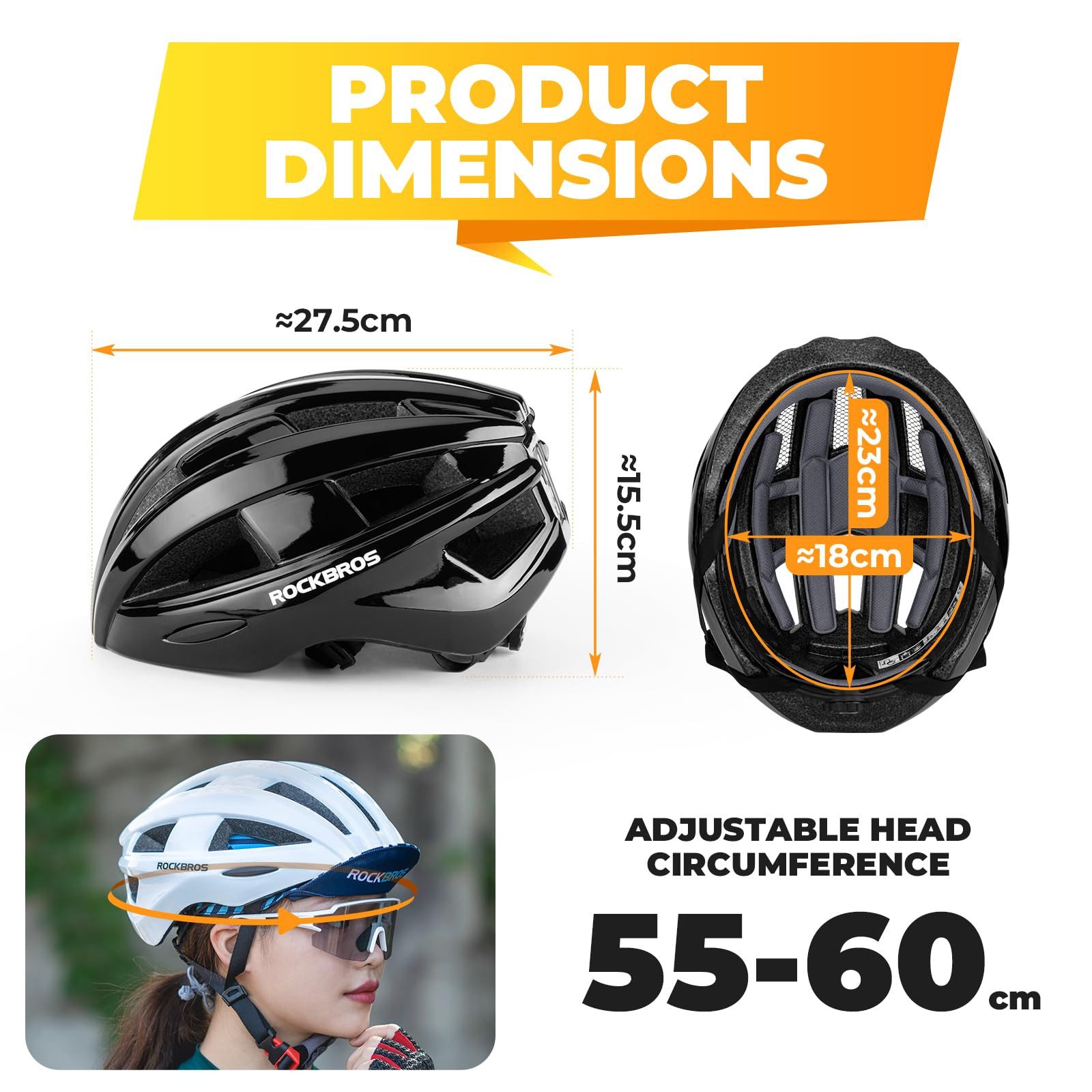 ROCKBROS Fahrradhelm Rücklicht, wiederaufladbarer Lichthelm Sicherheitshelm, 55–60 cm