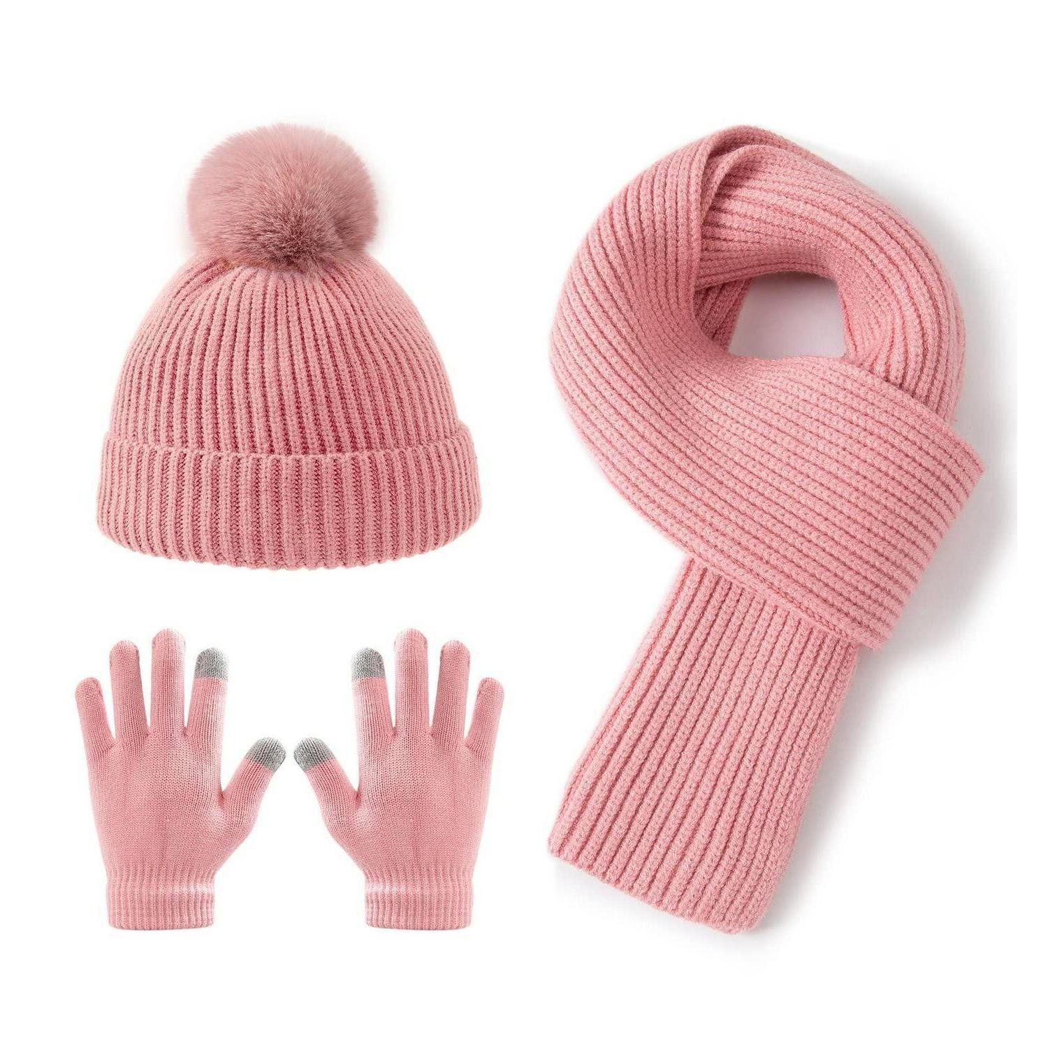 LuxusKollektion Bommelmütze 3-teiliges Kinder Set Rosa Mütze Schal Handschuhe (1-St)