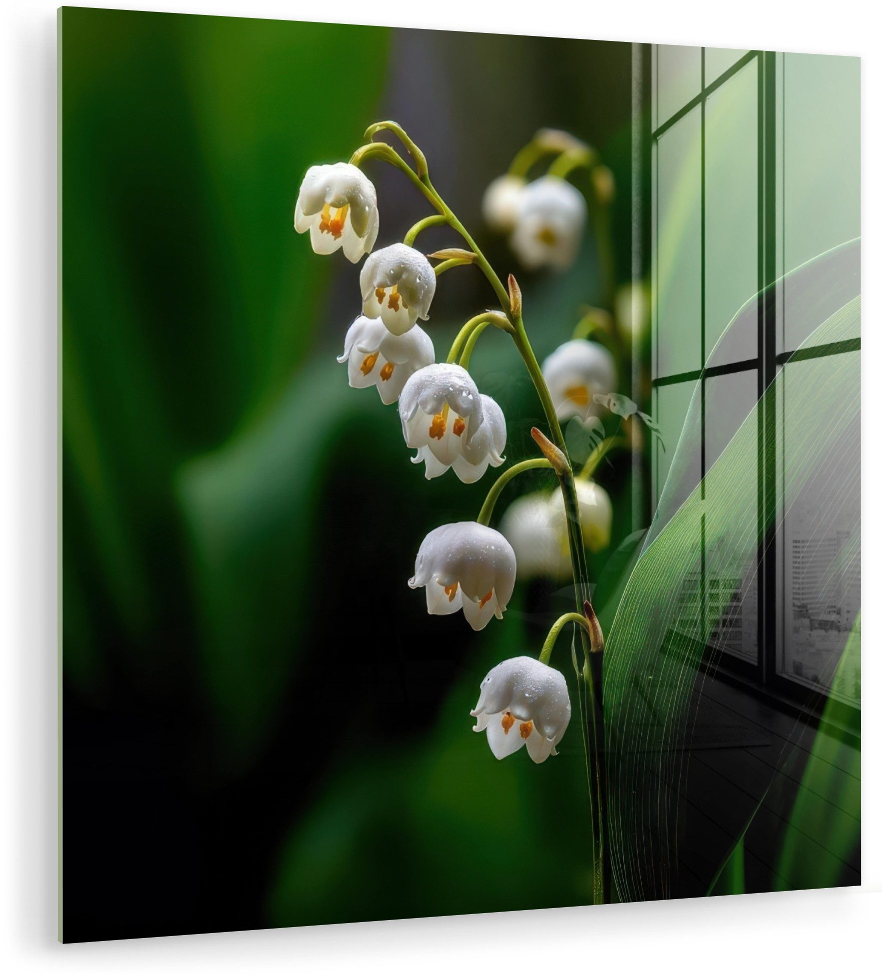 MuchoWow Acrylglasbild Blumen - weiß - Blätter - Lilien, Inkl. Aufhängung, Bilder auf Glas Wandbild, Wanddeko Wohnzimmer Badezimmer, 20x20 cm