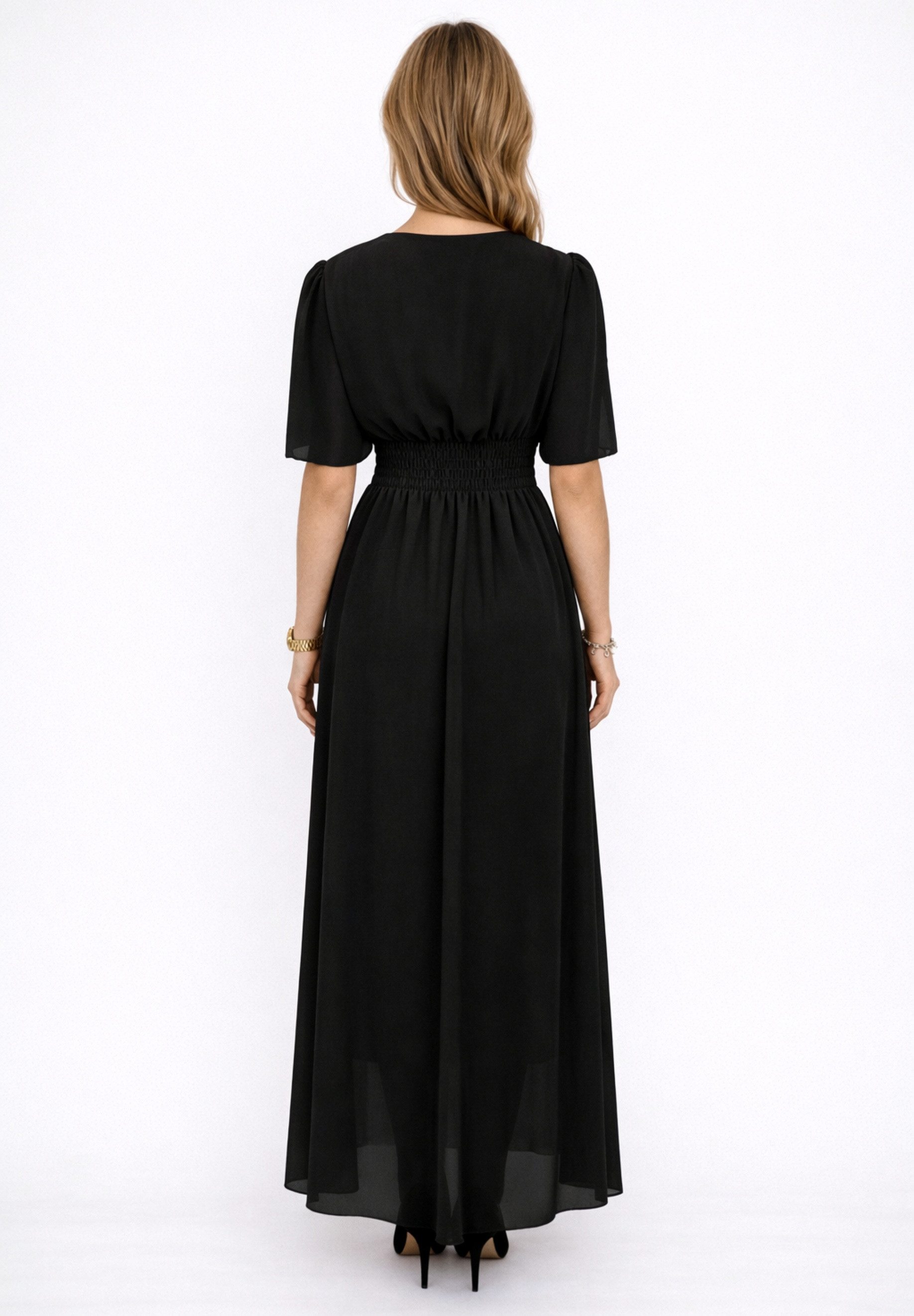 Elara Maxikleid Damen Maxikleid mit V-Ausschnitt, Flügelärmeln und gesmokter Taille (1-tlg)