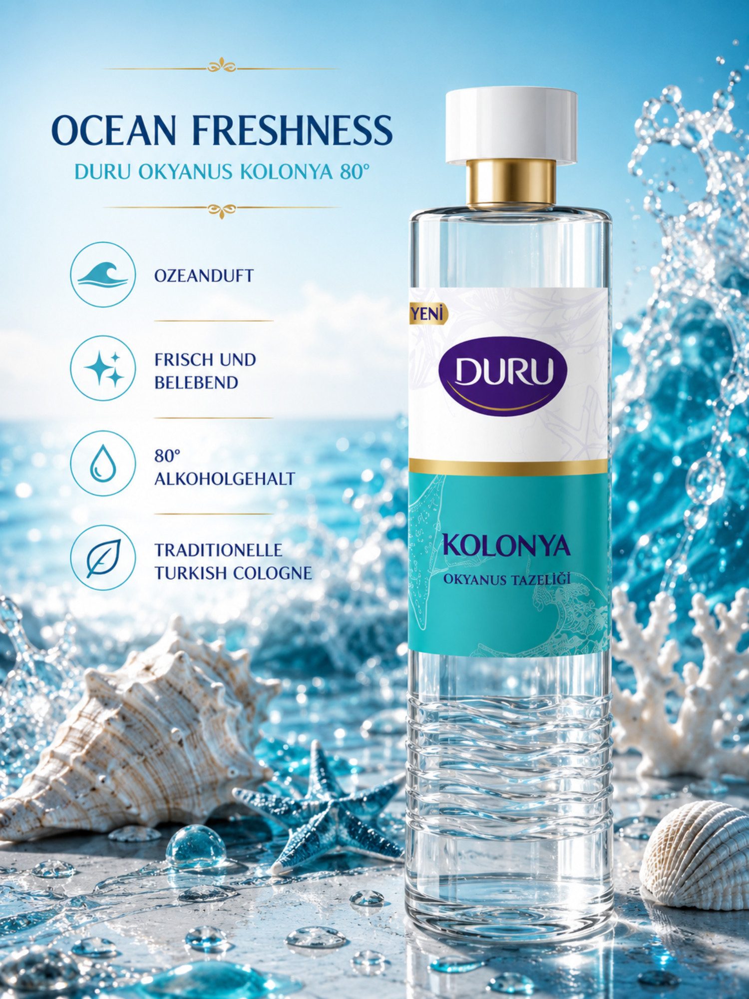 DURU Eau de Cologne Duru Premium Cologne Serie, Erfrischendes Kölnisch Wasser, Frischer Ozeanduft, 80° Alkoholgehalt, Glasflasche, 200 ml Inhalt