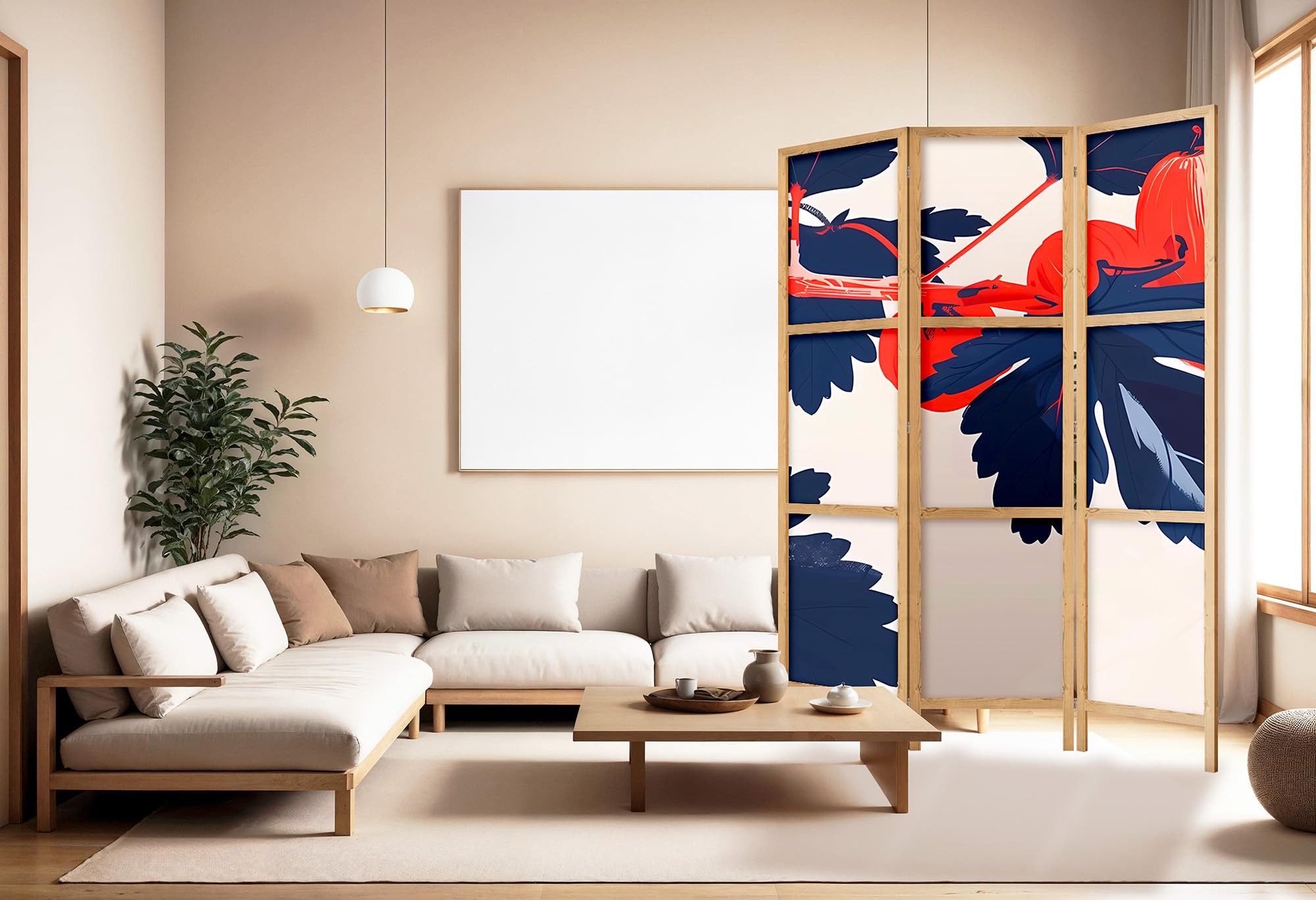 framed concept Paravent, Raumteiler Holz Japan-Motiv, 135x172 & 225x172 cm, einseitig