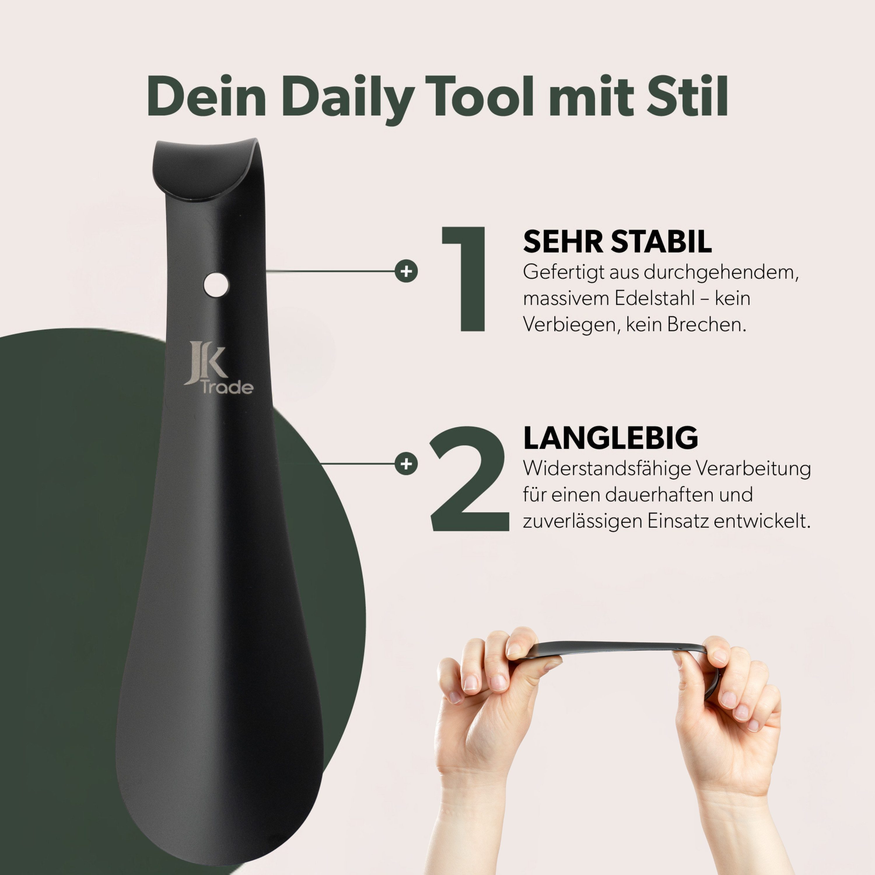 JK Trade Schuhlöffel 15cm Edelstahl Schwarz pulverbeschichtet (1-tlg., klein & stabil), ideal für Reisen – Aufhängbar & hochwertig verarbeitet