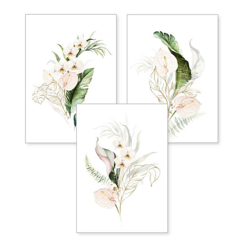 Kreative Feder Poster Weiße Orchideen, Blumen (Set, 3 St), 3-teiliges Poster-Set, Kunstdruck, Wandbild, optional mit Rahmen, wahlw. in DIN A4 / A3, 3-WP002