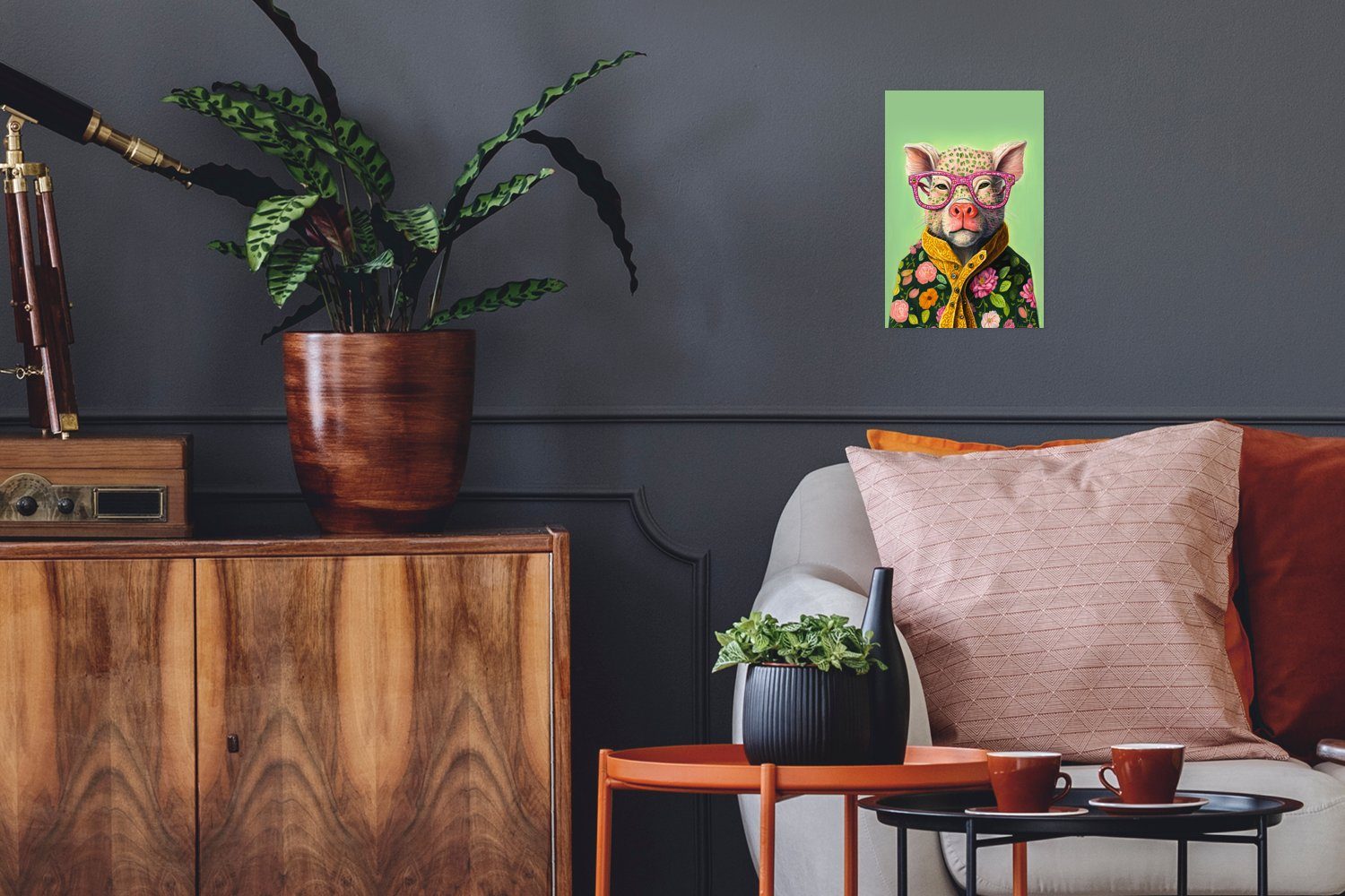 MuchoWow Poster Brille - Rosa - Schwein - Blumen - Tier, (1 St), Poster, Wandbild, Wandposter für Wohnzimmer, Ohne Rahmen