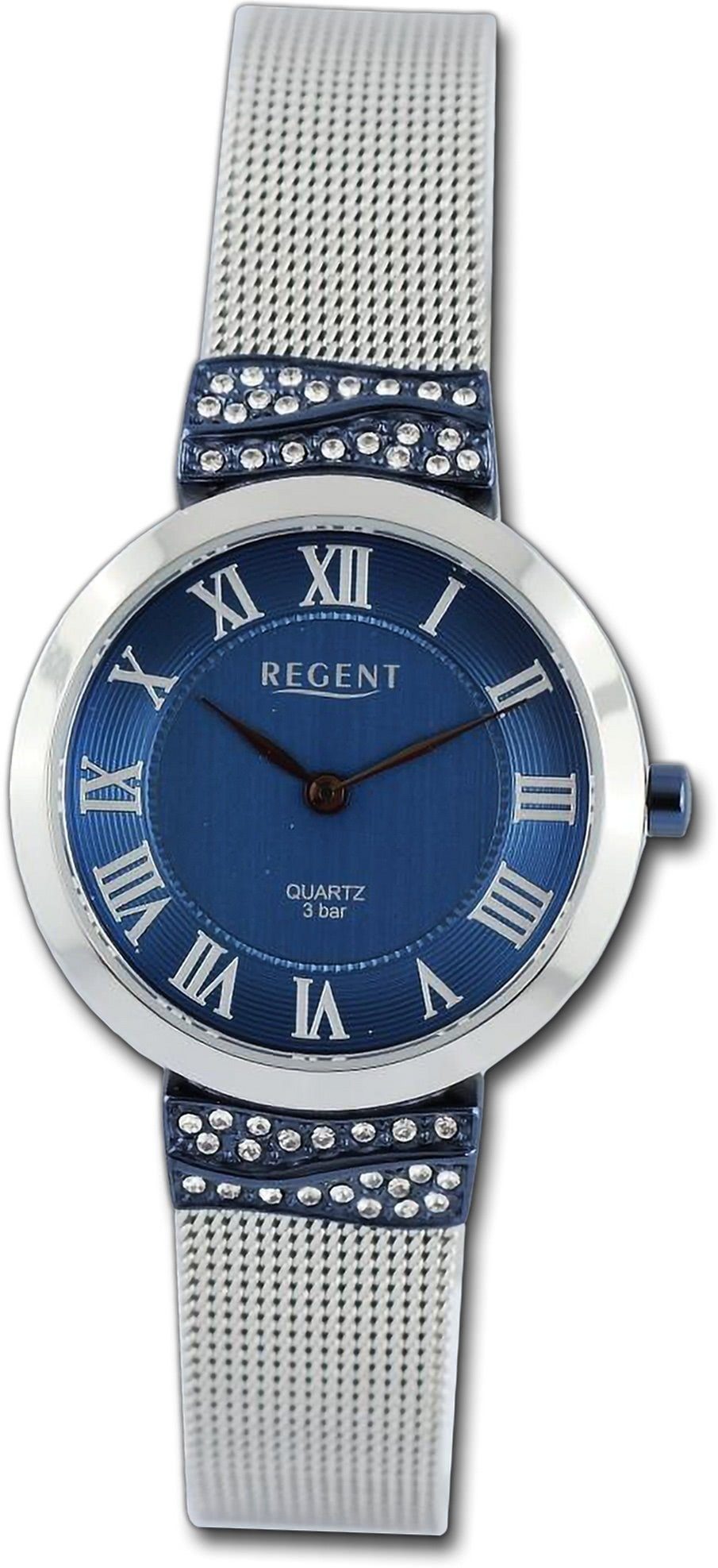 groß Metallarmband rundes Quarzuhr Armbanduhr Analog, silber, Damenuhr Regent Damen dunkelblau, Gehäuse, (30mm) Regent
