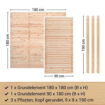BM Massivholz Zaun Kurt Set 1.1, (Set), 1 Element 180 x 180cm, 1 Element 90x180cm, 3 Pfosten, Länge 190cm