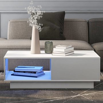 Merax Couchtisch hochglanz mit 15 Farben LED-Beleuchtung inkl. Fernbedienung, Wohnzimmertisch mit großen Stauraum und Schublade