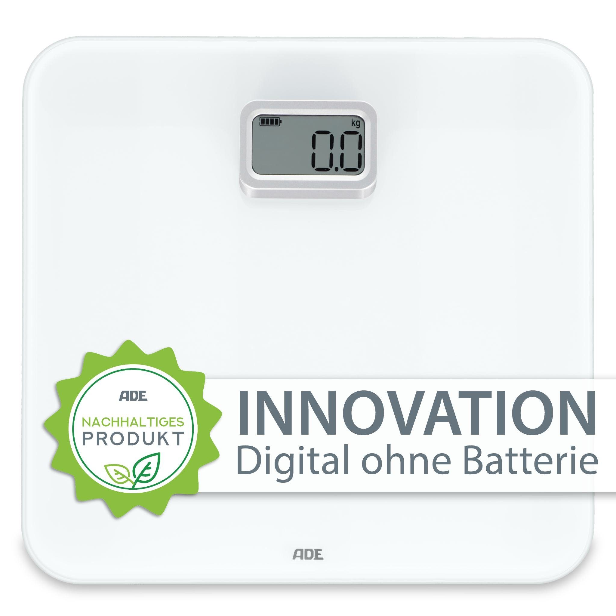 ADE Personenwaage Digitale Körperwaage ohne Batterien, mit Dynamo, umweltschonende batterielose Waage, bis 150 kg