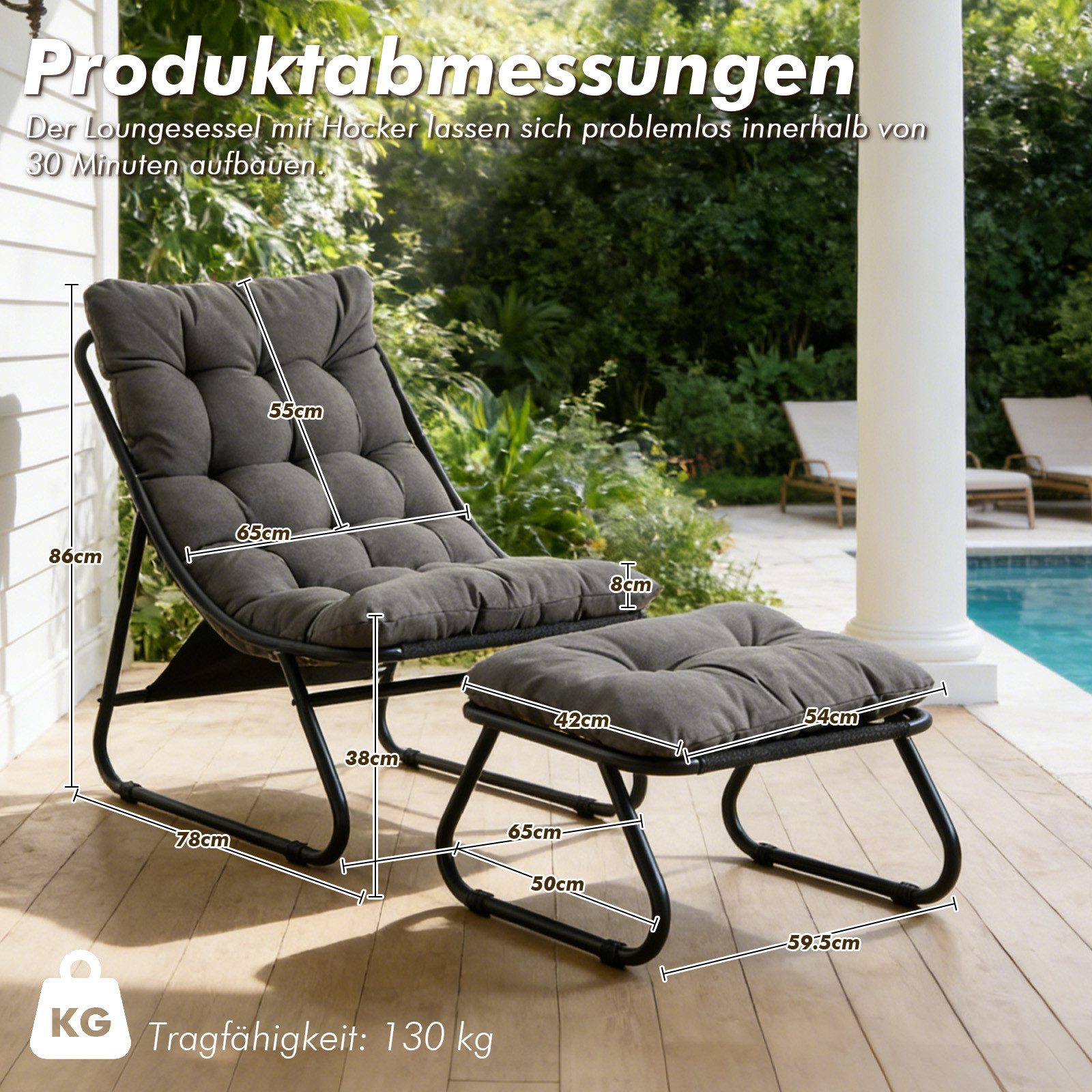 LVHOM Loungesessel mit Hocker, wasserdichtem Stahlrahmen, ergonomisch, für In-/Outdoor (Relaxsessel, bequeme Sitzfläche, Hocker als temporärer Sitz/Schuhwechselbank, rutschfestes Design, rostfreier Metallrahmen, Tragfähigkeit 130 kg), für Garten, Balkon, Wohnzimmer, Schlafzimmer, Arbeitszimmer, Innenhöfe