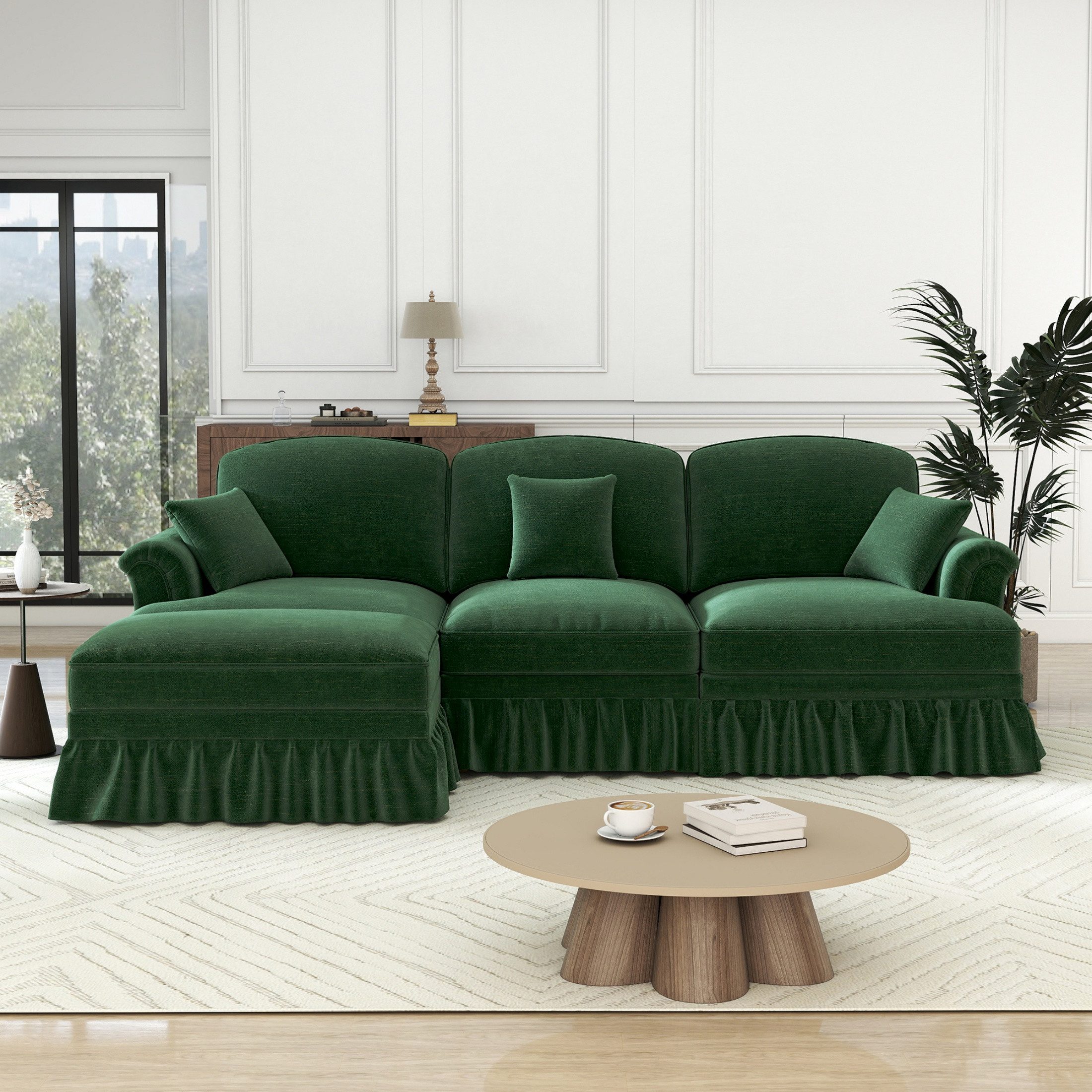 autolock Ecksofa L-förmiges 3-Sitzer Sofa aus Chenille mit abnehmbarer Rüschenschürze, Modulares Sofa mit Trichter-Armlehnen spindelförmigen Beinen