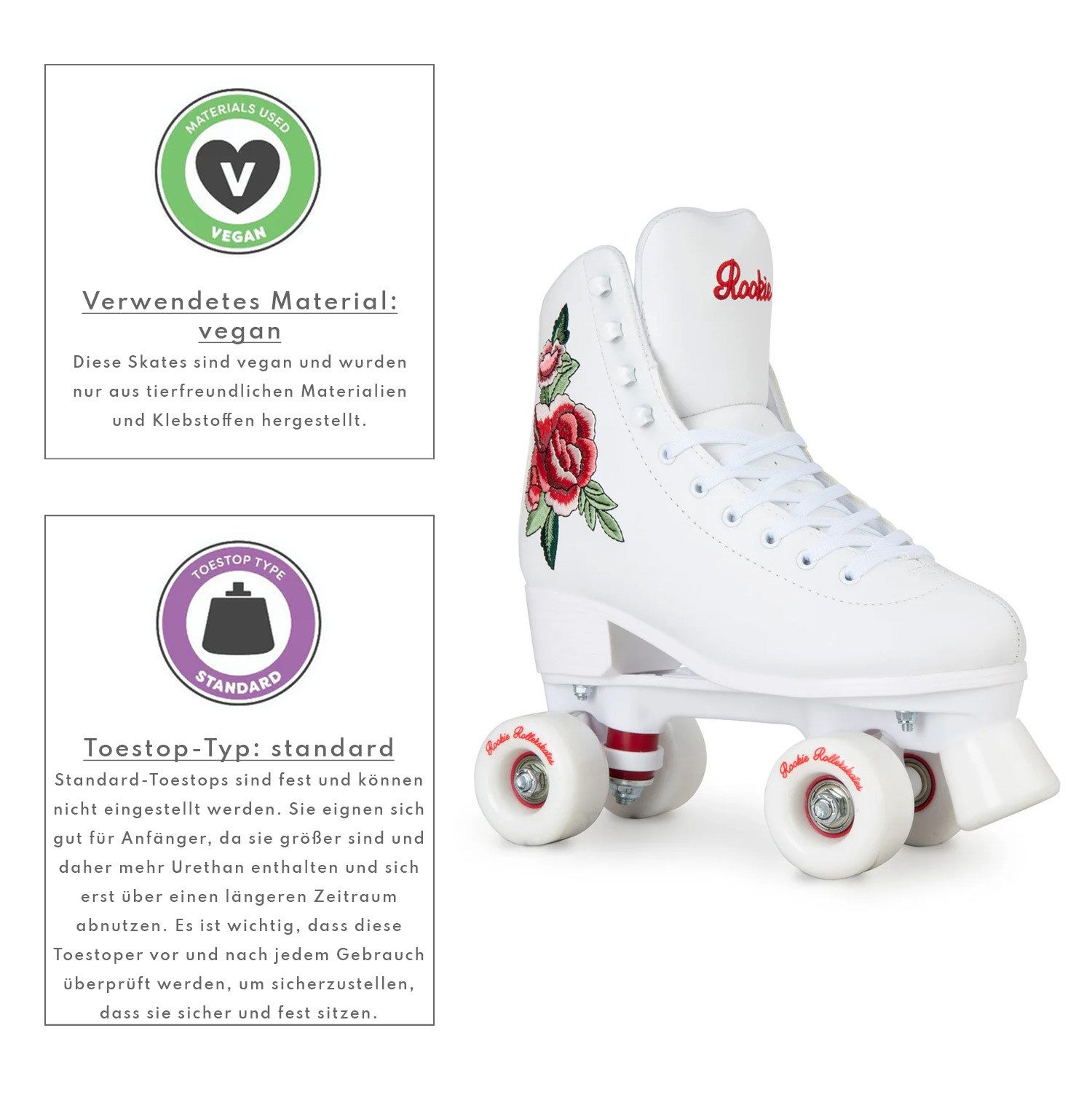 ROOKIE Roller Skates Rollschuhe Rosa, mit gesticktem Rosen-Design