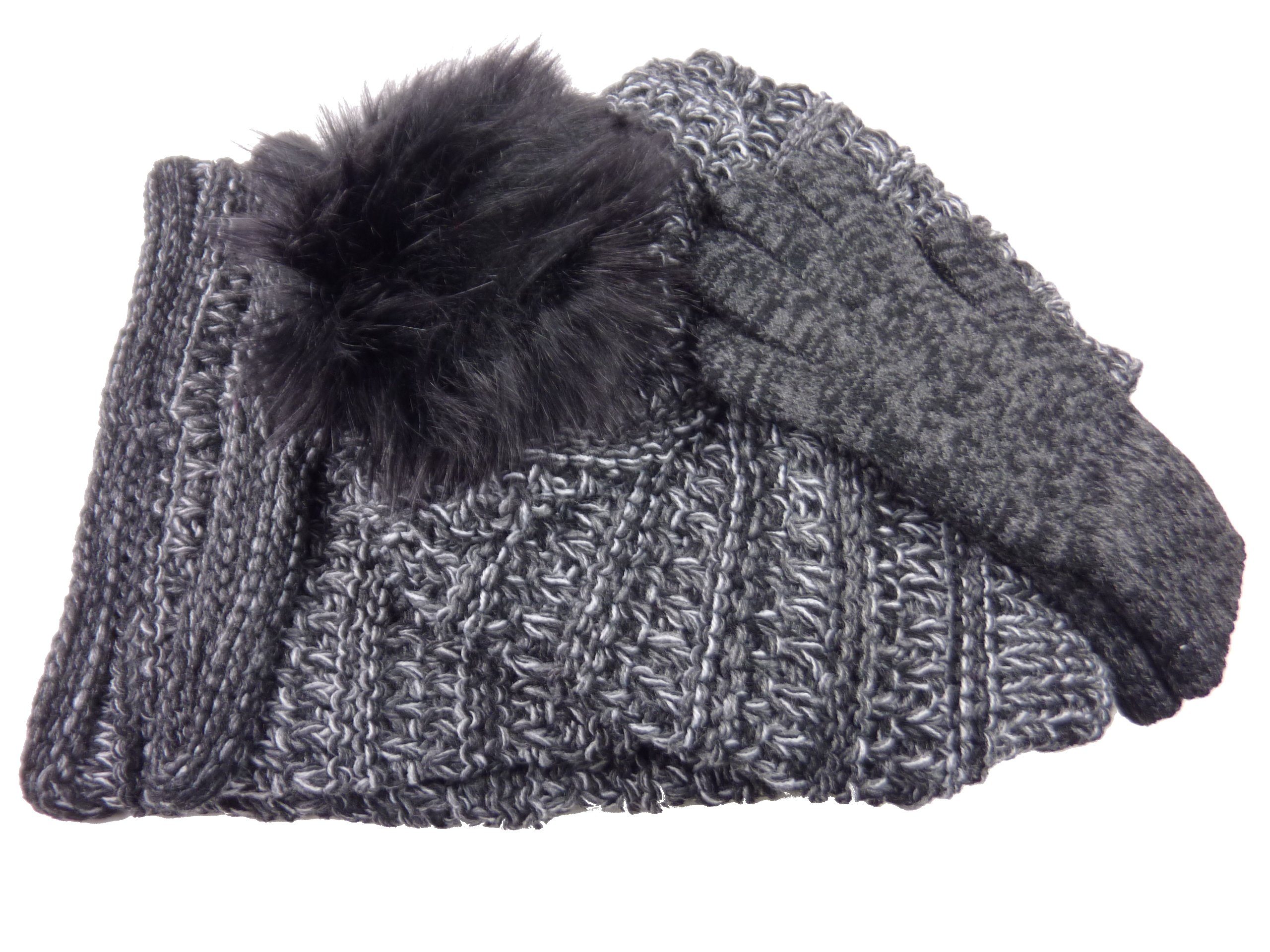 Taschen4life Strickmütze Damen Mütze Schal Handschuhe Tea (Set 3 teilig, mit Schal und Handschuhen) Long-Beanie mit großem Bommel (Synthetik), Loop Rundschal