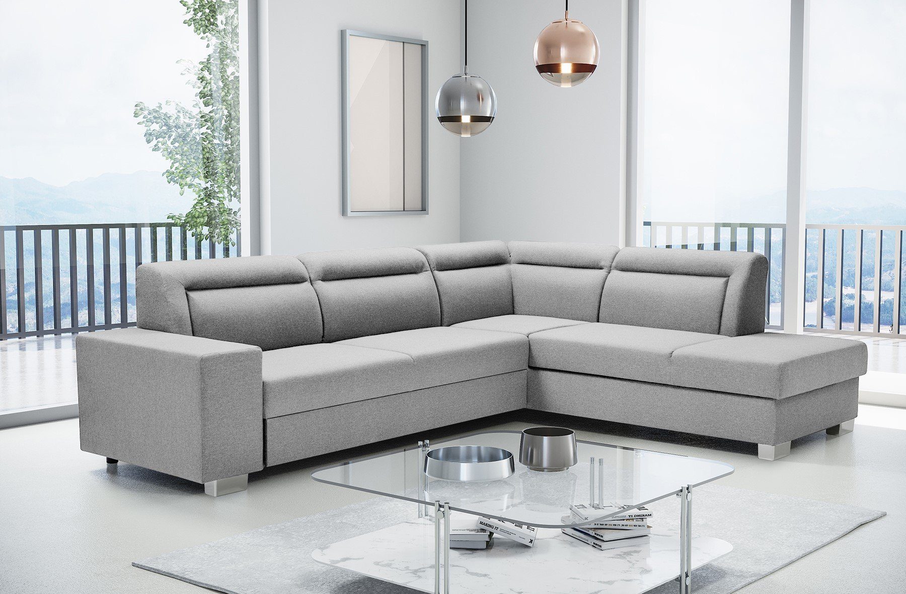 Siblo Ecksofa Großes, elegantes Ecksofa Tecla mit Schlaffunktion Hellgrau