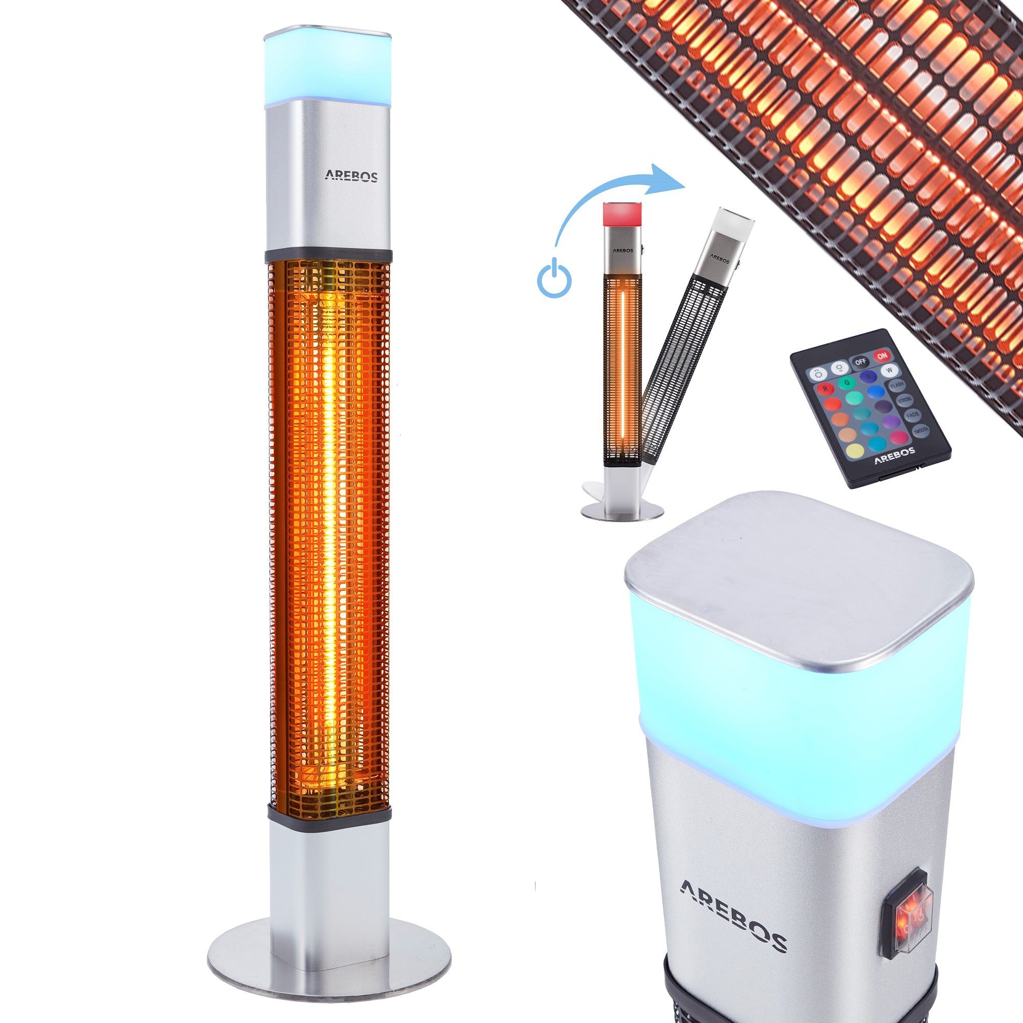 Arebos Heizstrahler 1500 Watt Stand, inkl.16 Farben, LED-Licht mit Fernbedienung, integrierte Kipp-Abschalter, LED, Low-Glare-Technik