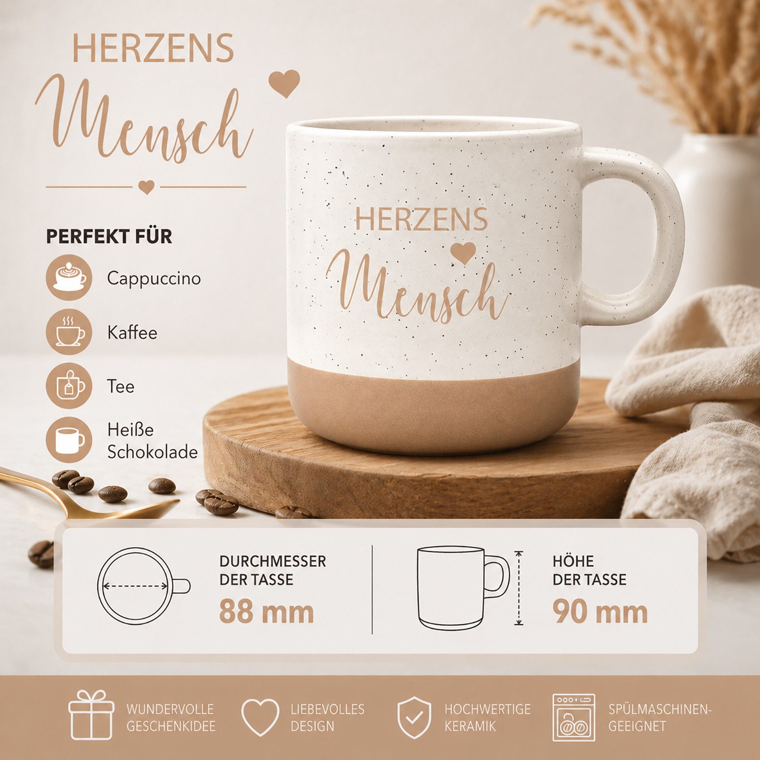 Camolo Tasse Kaffeetasse Herzensmensch aus Steingut - 360 ml Geschenk, Keramik – Bild 4 von 5