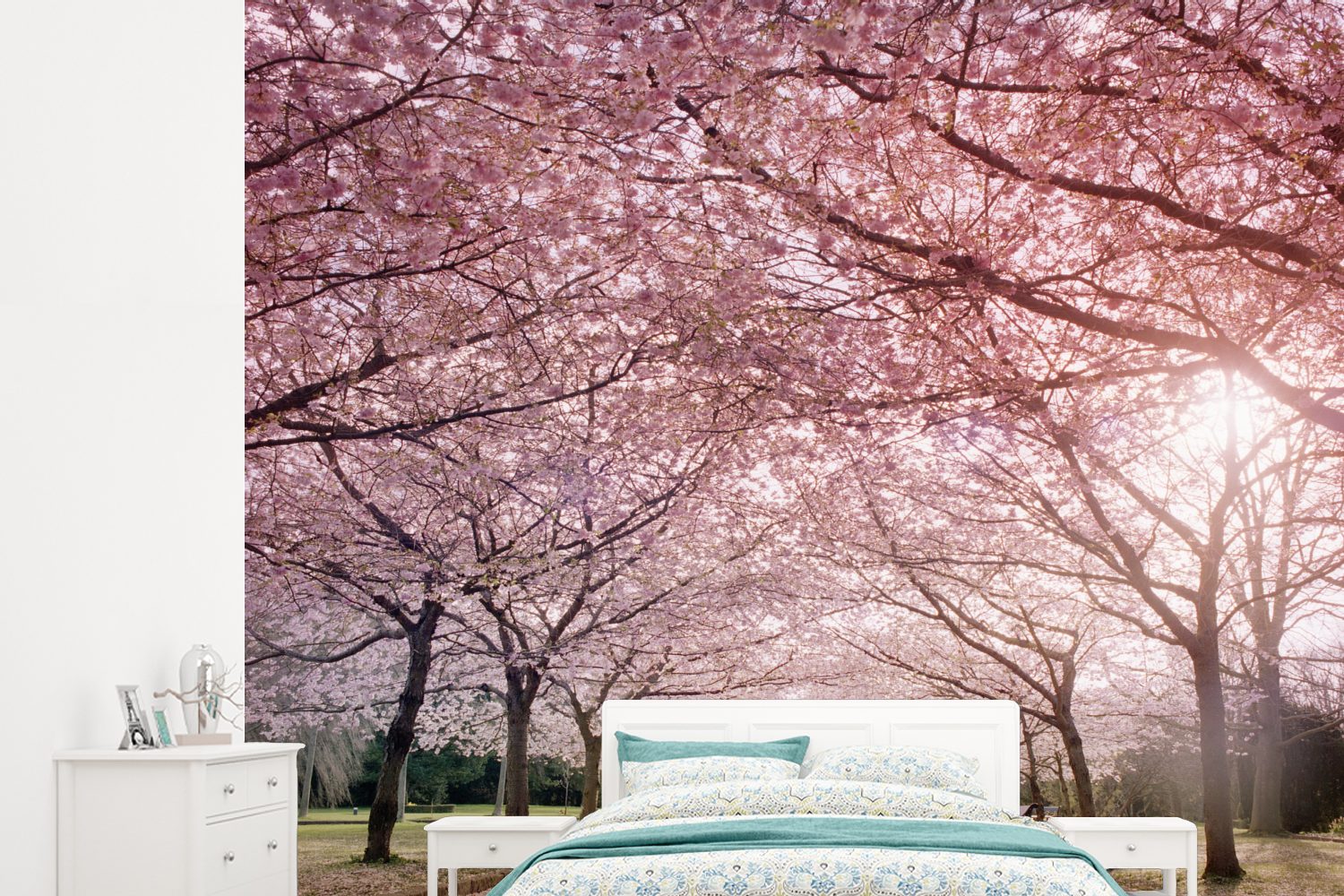 MuchoWow Fototapete Sakura-Bäume an einem klaren Tag, Matt, bedruckt, (5 St), Montagefertig Vinyl Tapete für Wohnzimmer, Wandtapete