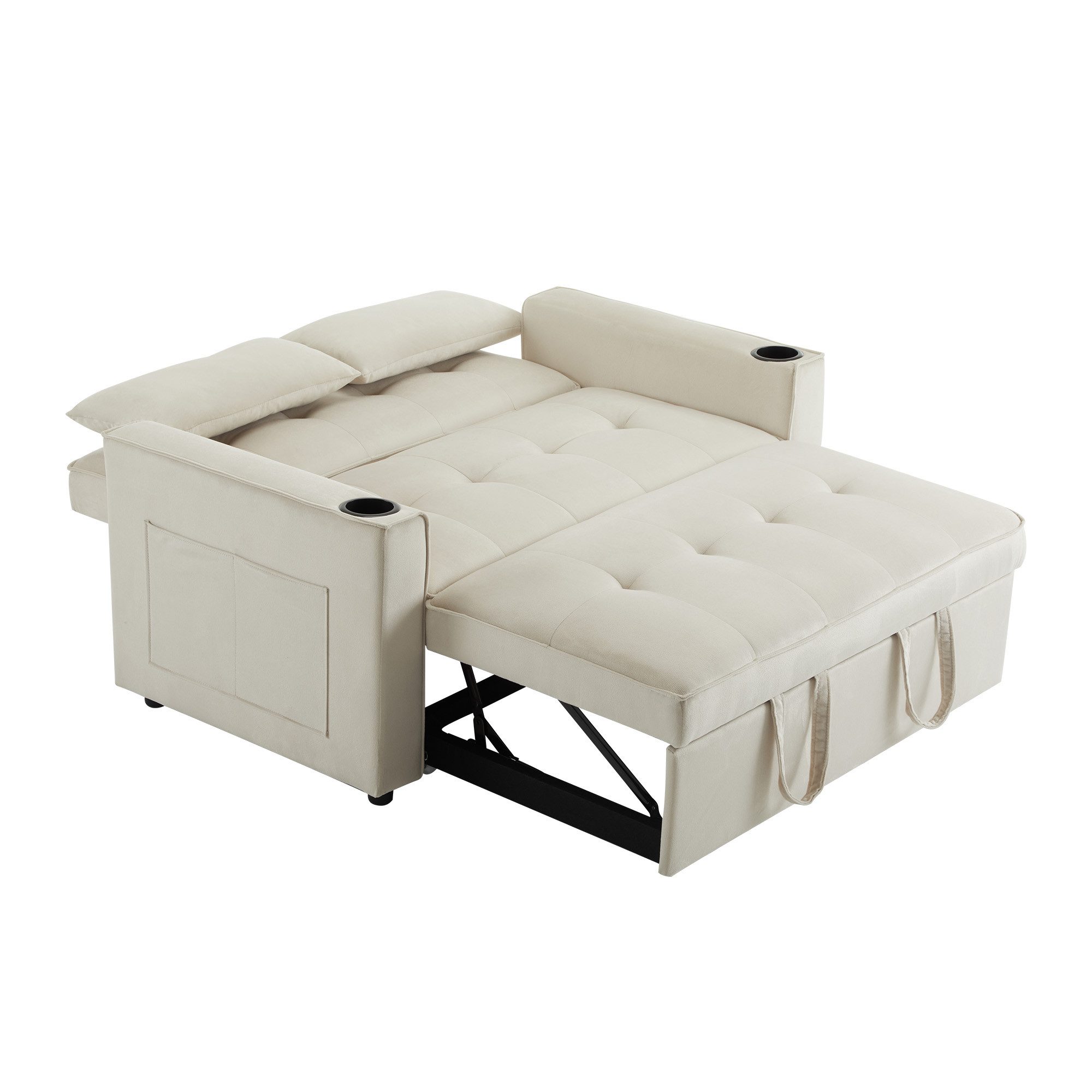 BlingBin Schlafsofa 3-IN-1 Klappbares Multifunktionssofa mit Schlaffunktion, 137x76x83 cm, Tragfähigkeit: 150kg/Sitz, Ausziehbar Doppelsofa, Verstellbarer Rückenlehne 1 Teile, Schlafcouch mit Getränkehalter & Kissen für Wohnzimmer, Beige