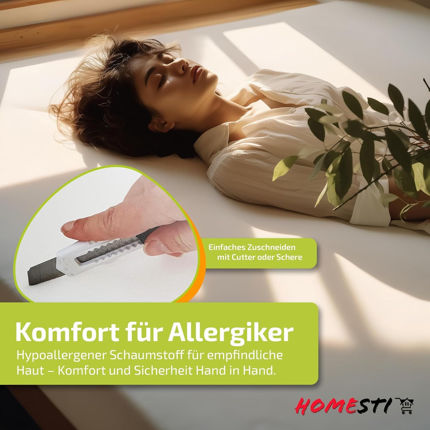 homesti Polsterauflage zuschneidbares Polster 120 x 60 x 6 cm Schaumstoffplatte Polsterung, lässt sich problemlos zuschneiden (Cuttermesser, Tepichmesser)