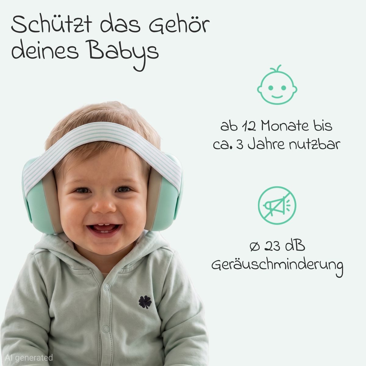 Zamboo Kapselgehörschutz Mint, Baby Gehörschutz ab 12 Monate Verstellbarer Kinder Lärmschutz