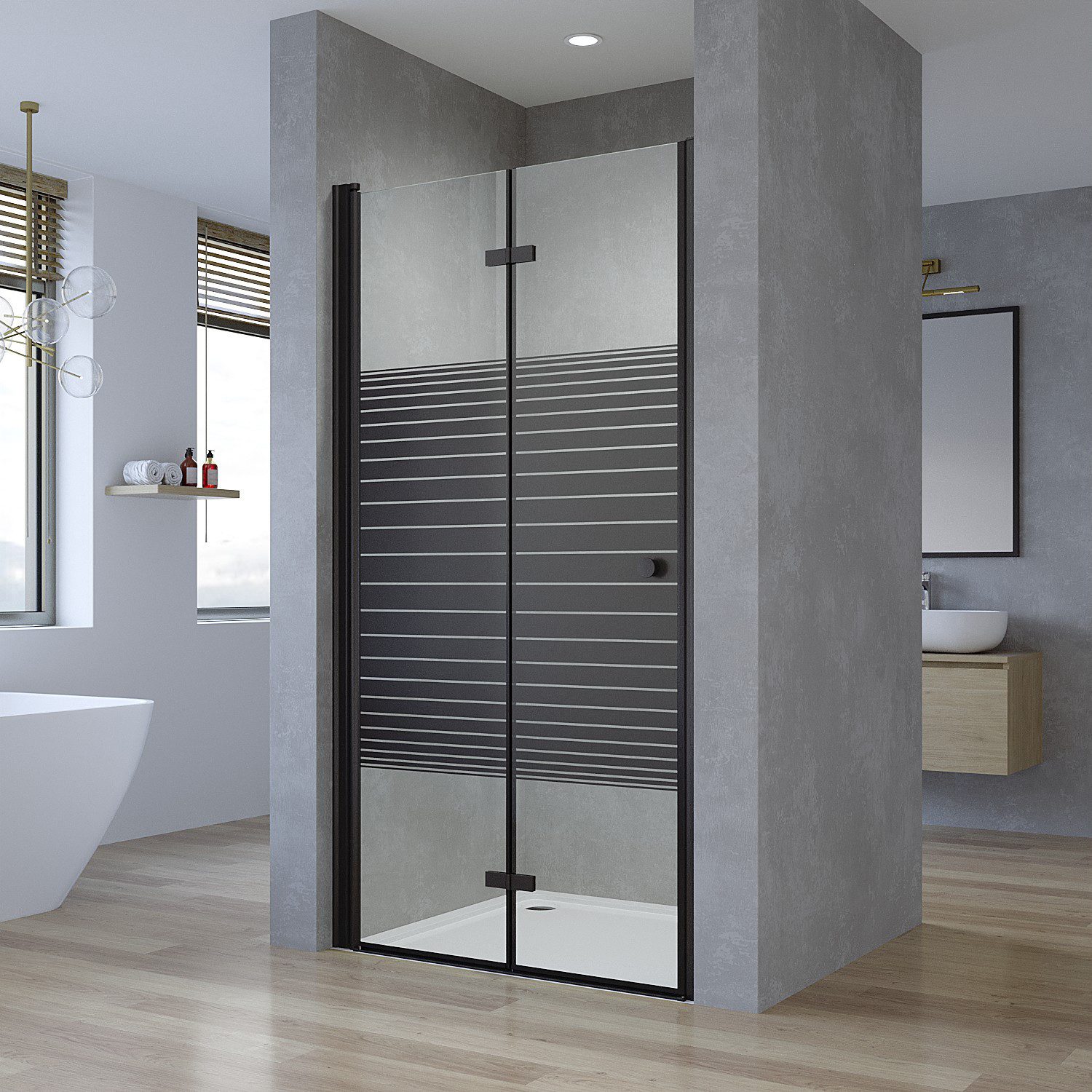 AQUALAVOS Dusch-Falttür Nischentür Dusche mit Falttür Schwarz 5 mm ESG Glas Streifendekor, 70x187 cm, 5 mm Einscheiben-Sicherheitsglas (ESG), Robuste Aluminiumprofile Hebe-Senk-Funktion Platzsparende Falttür