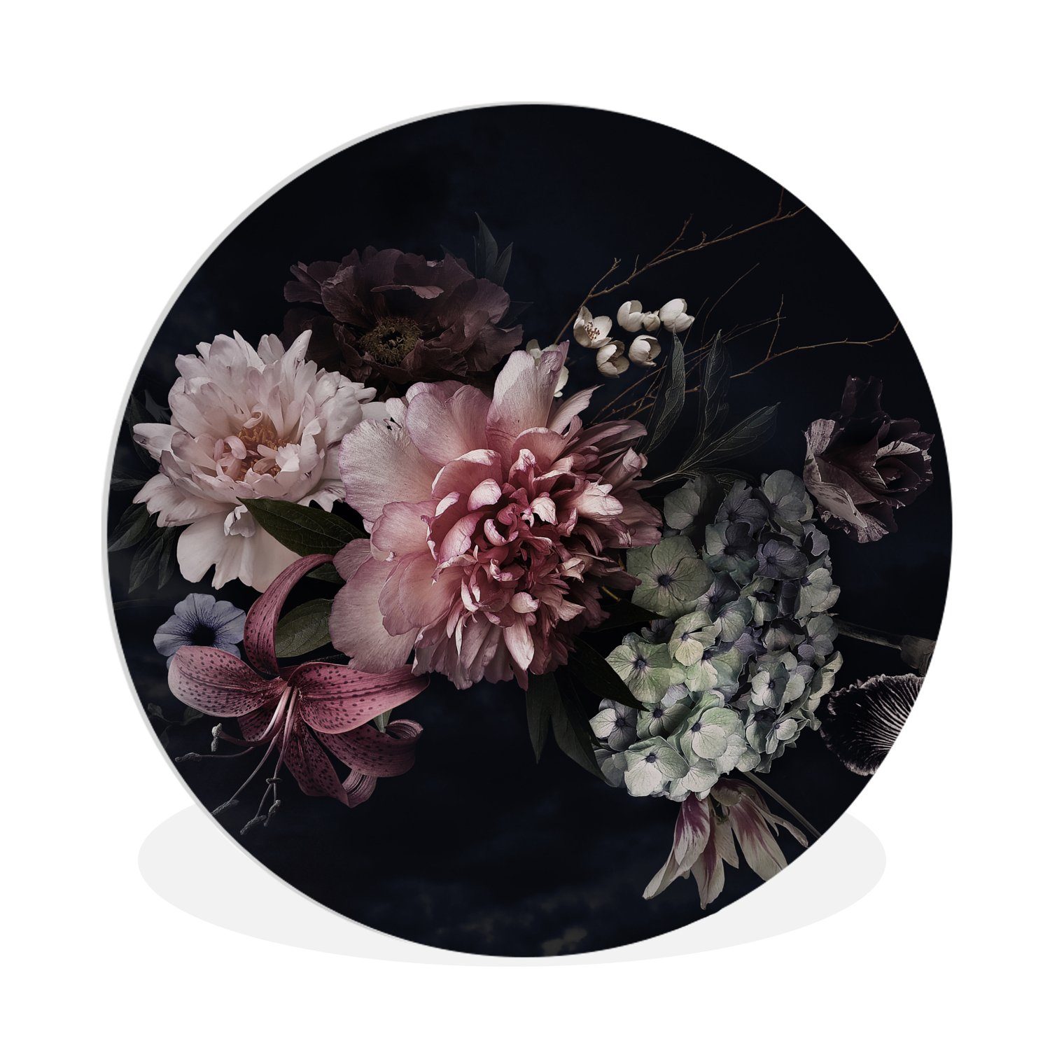 MuchoWow Gemälde Blumen - Vintage - Pastell - Rosa - Weiß, Fotodruck (1 St), Kreis Wanddekoration, Rundes Wandbild, 30x30 cm