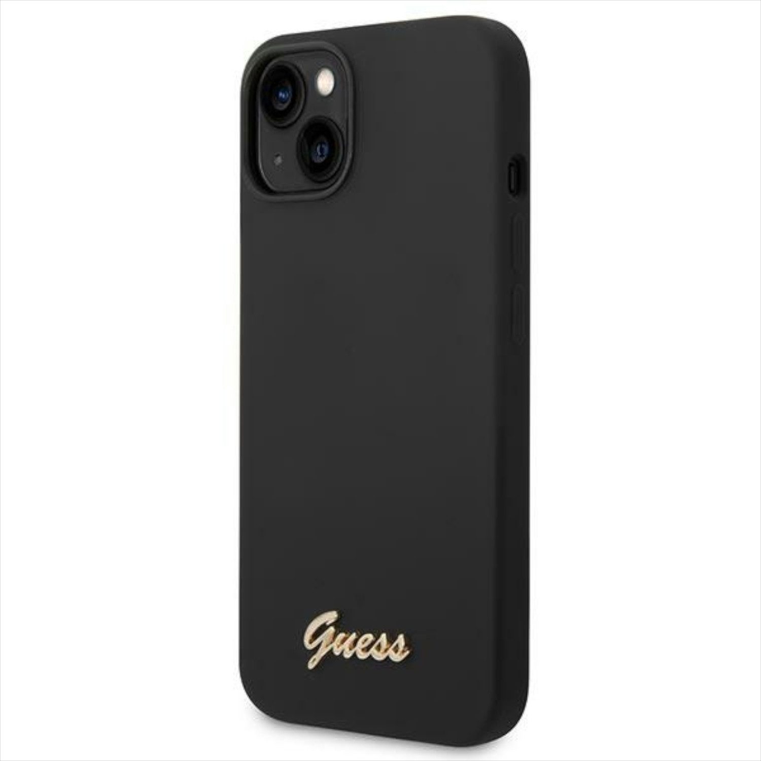 Guess Smartphone-Hülle Guess Apple iPhone 14 Plus Hard Case Silikon Vintage Gold Logo Schwarz