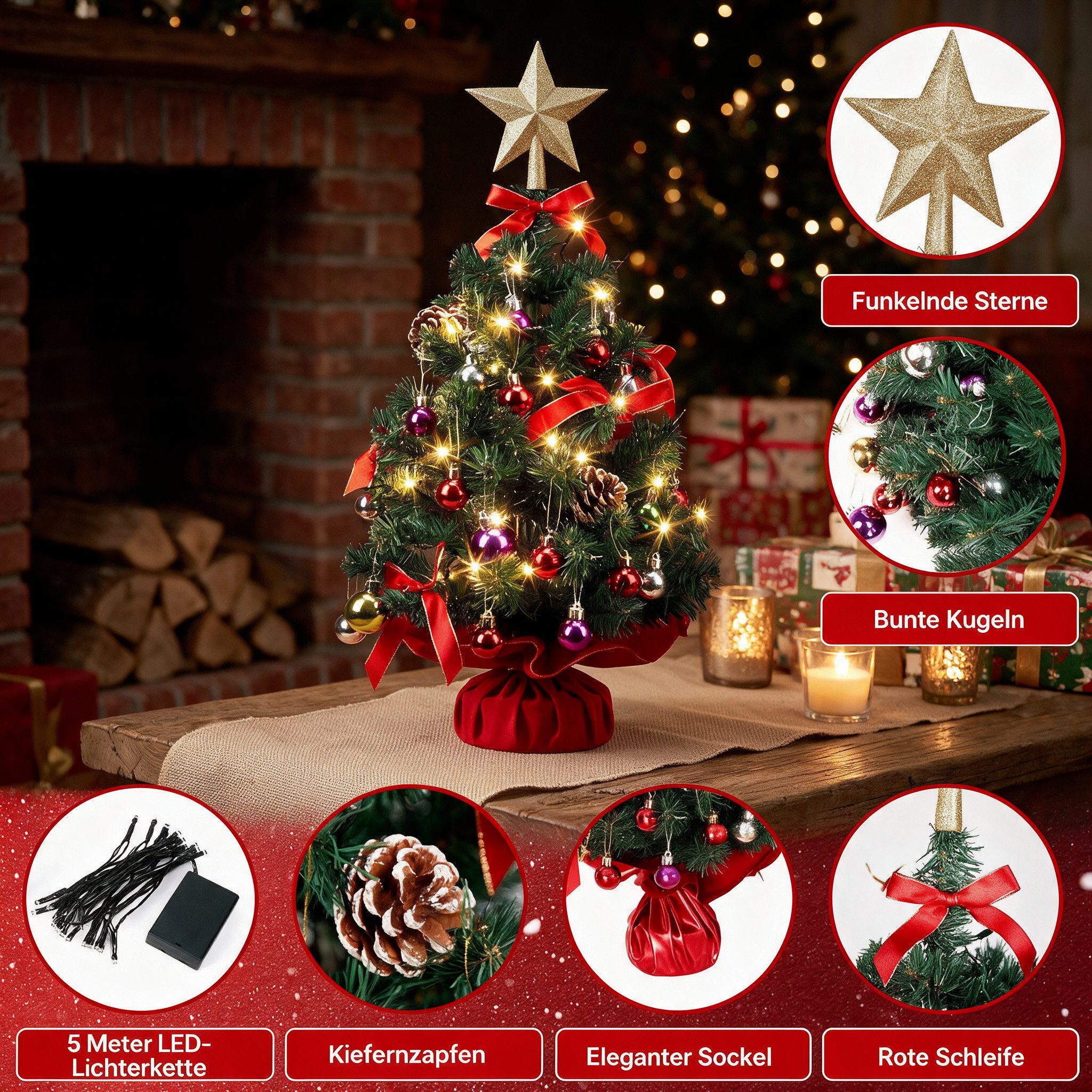 WOWDSGN Künstlicher Weihnachtsbaum 60cm mit Beleuchtung mit 50 LED Warmweiß 8 Modi mit 20 Kugeln & Sockel, Künstlicher Weihnachtsbaum, Kleiner Tisch Weihnachtsb – Bild 3 von 5