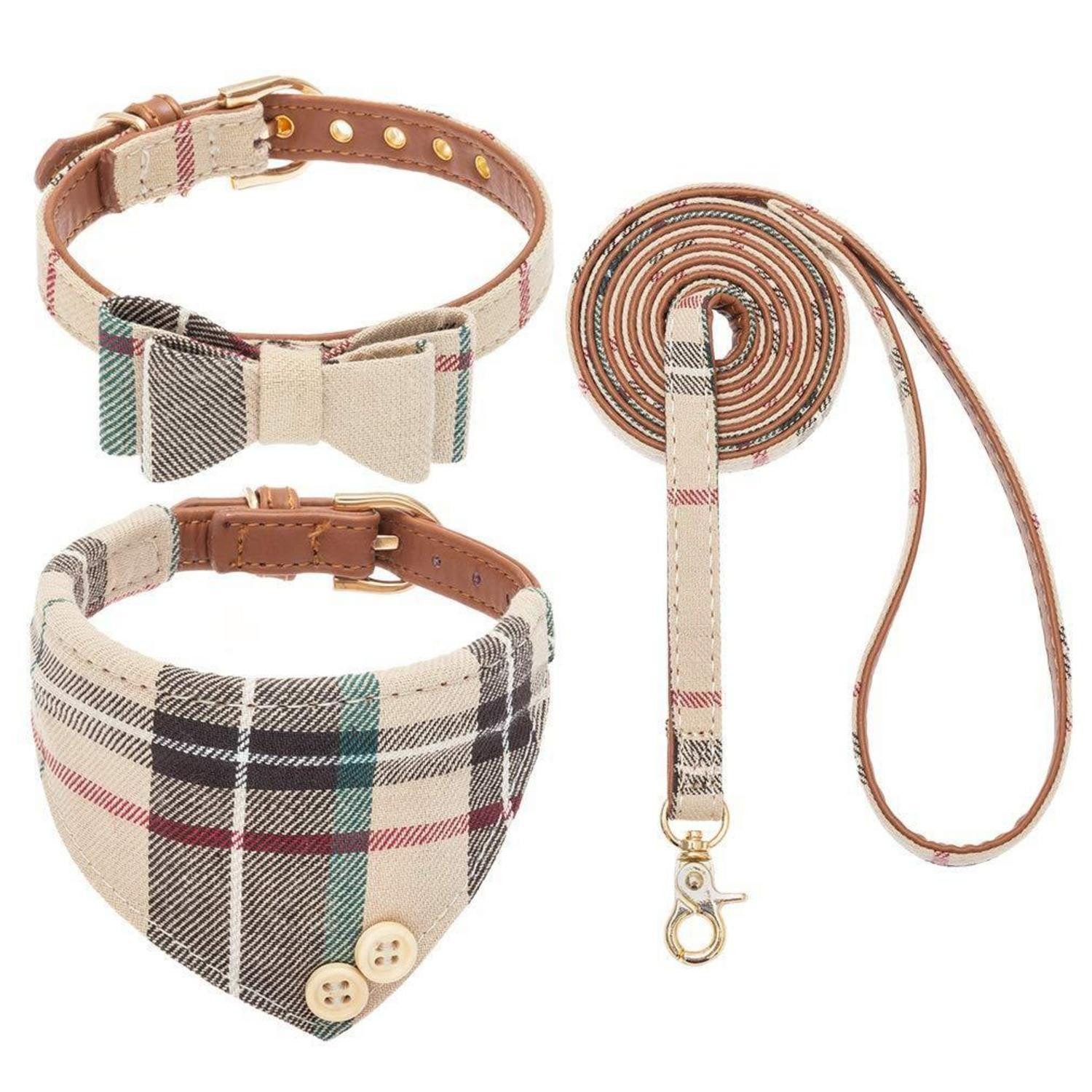 LuxusKollektion Hunde-Halsband Hundehalsband & Leine Set Beige M