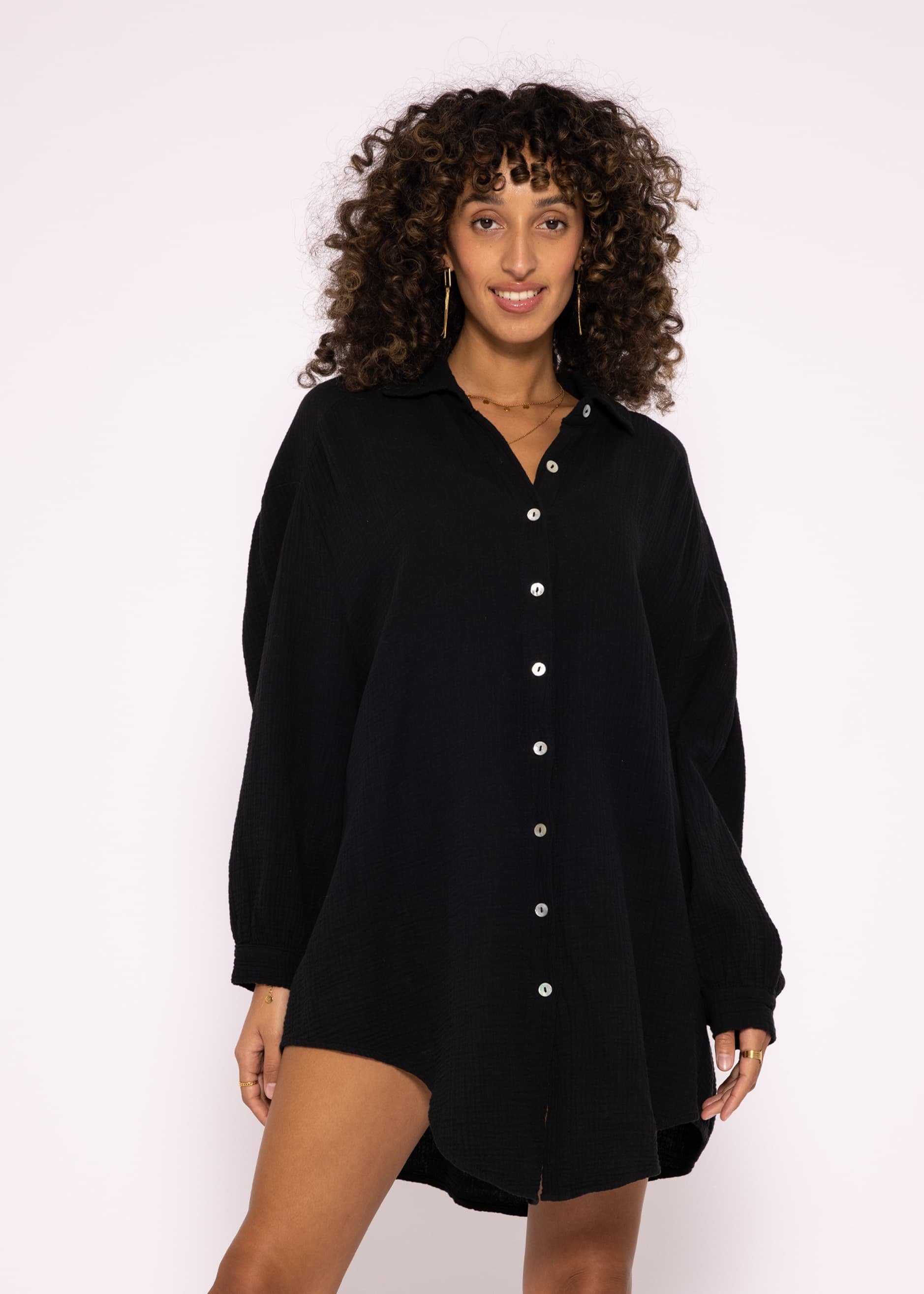 SASSYCLASSY Longbluse Oversize Musselin Bluse Damen Langarm Hemdbluse lang aus Baumwolle mit V-Ausschnitt, One Size (Gr. 36-48) Schwarz