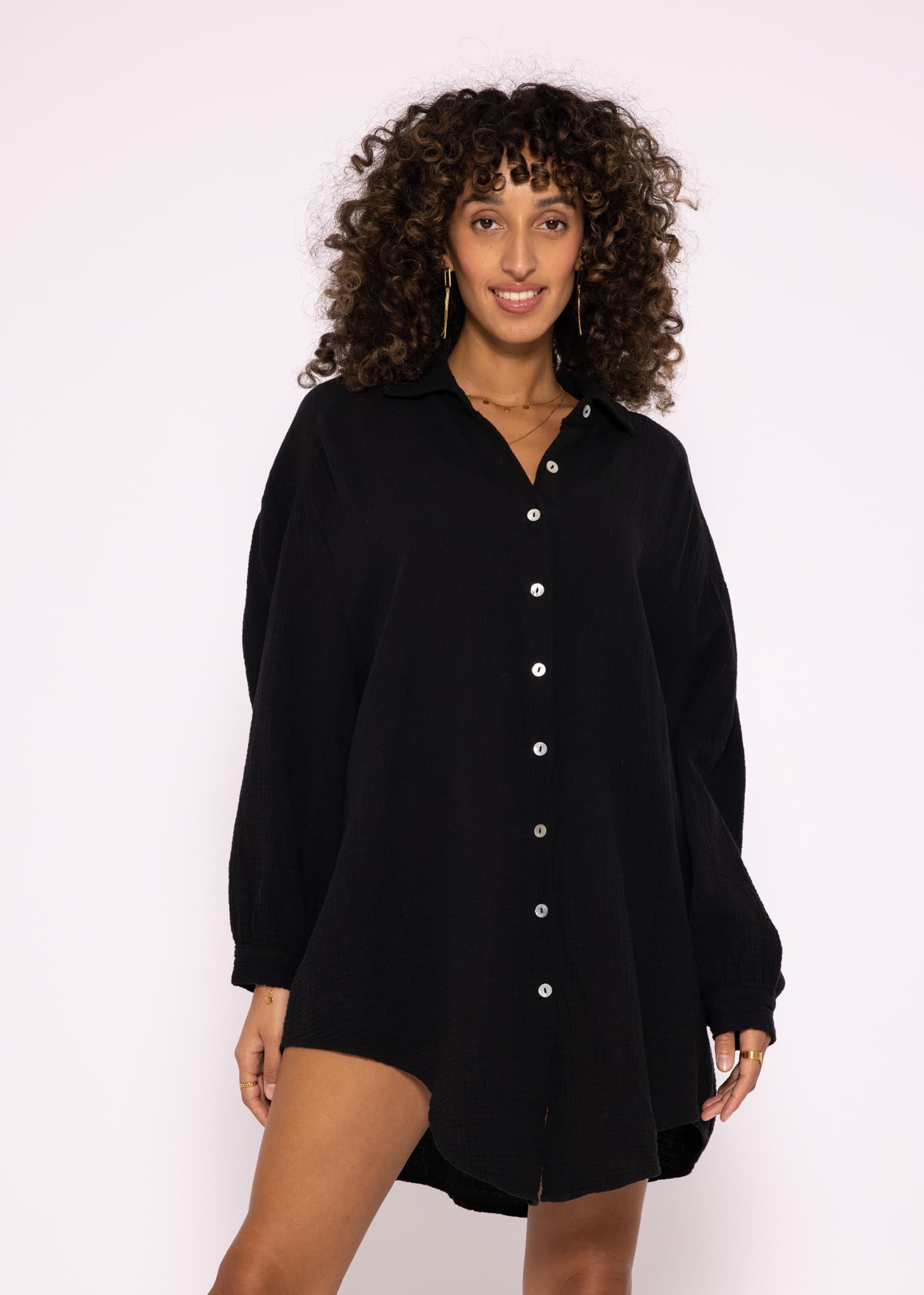 Oversize lang Longbluse Damen (Gr. Baumwolle Schwarz Hemdbluse Langarm V-Ausschnitt, Musselin One Size Bluse aus mit 36-48) SASSYCLASSY