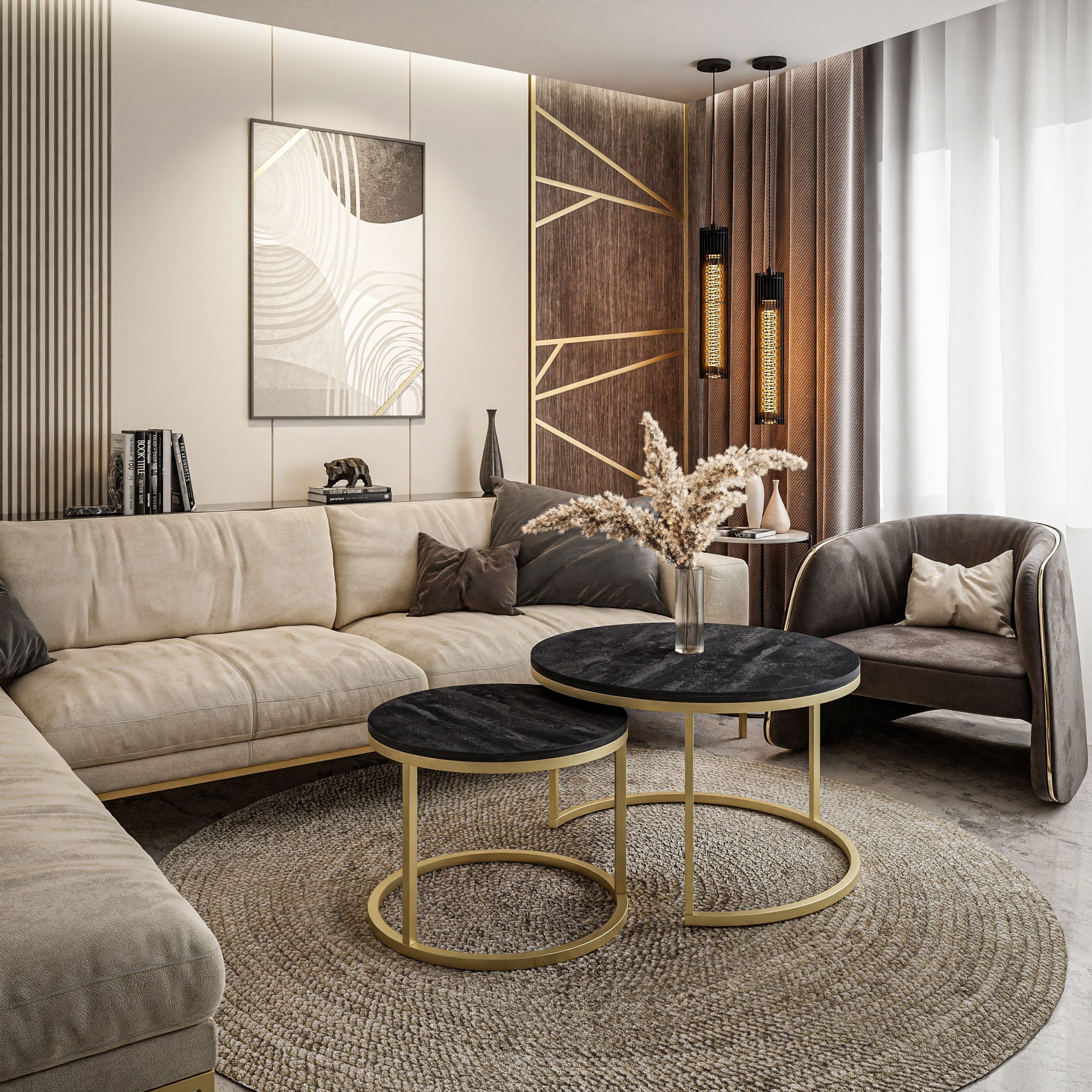 Lookway Couchtisch CIRI 2in1 Beton Optik und Gold Matt Gestell Runder Tisch (2er Set), Durchmesser: ⌀70 cm & ⌀50 cm und Durchmesser: ⌀80 cm & ⌀60 cm