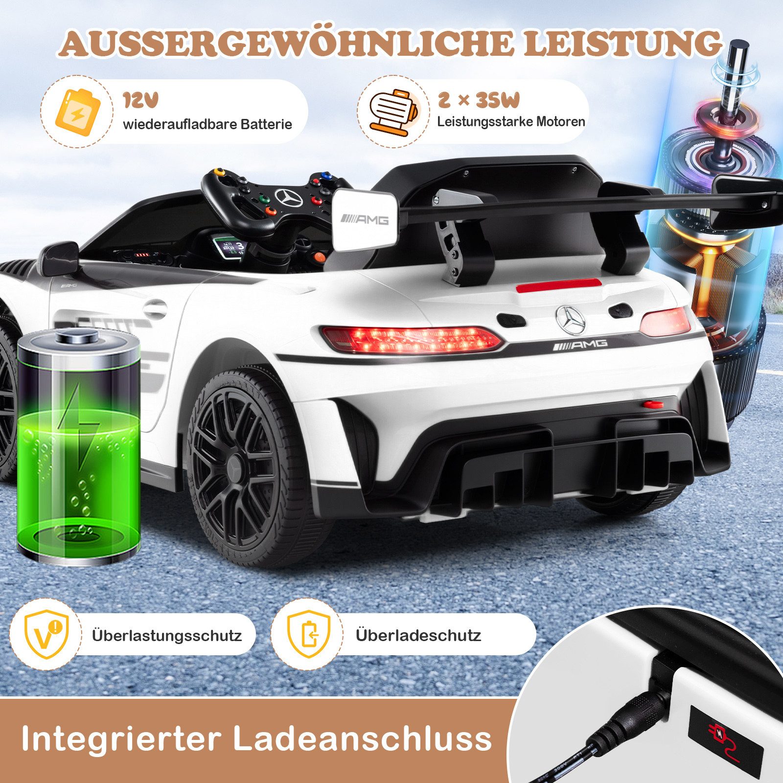 COSTWAY Elektro-Kinderauto, Belastbarkeit 25 kg, Mercedes AMG Elektroauto, 12V Kinderauto