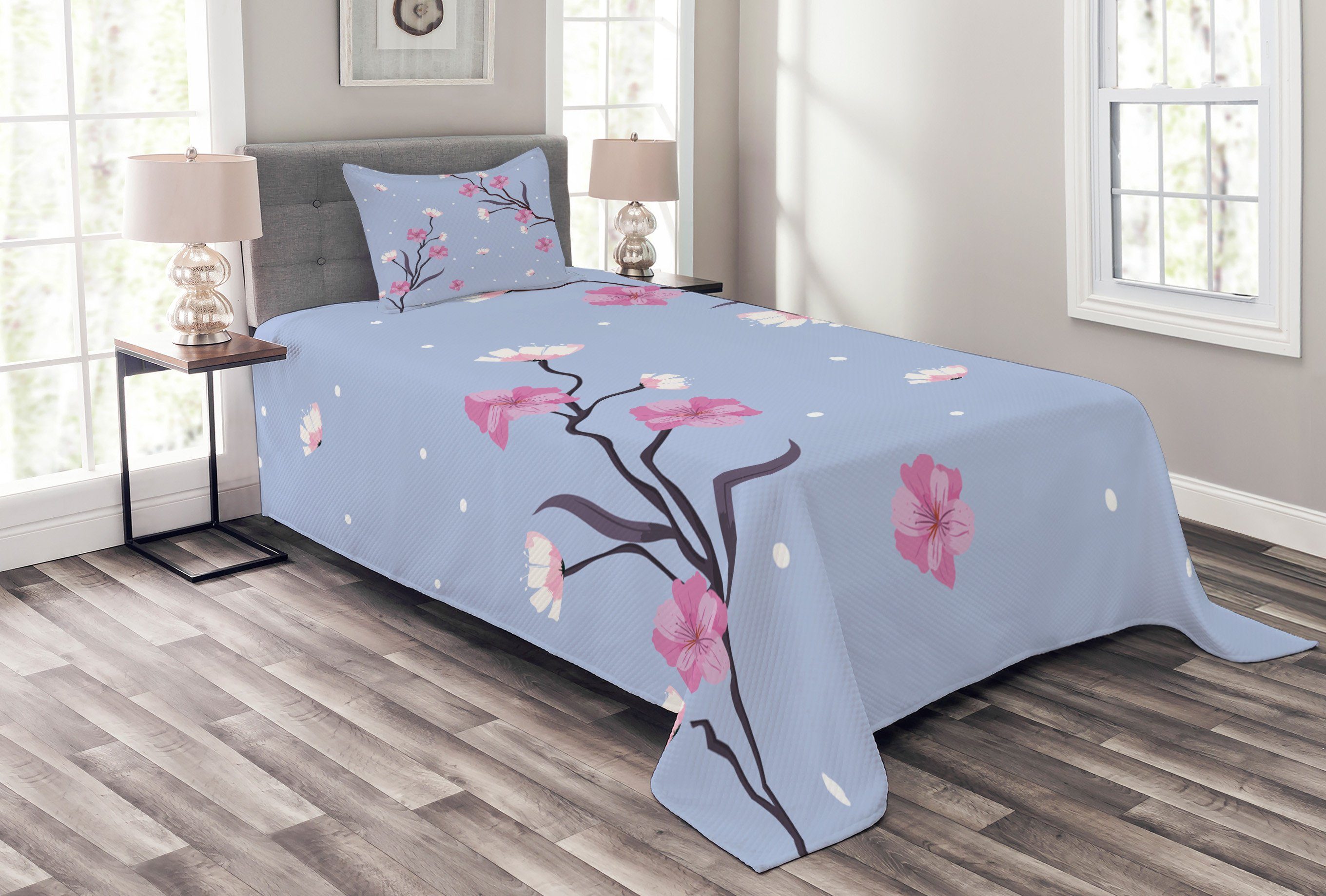 Tagesdecke Set mit Kissenbezügen Waschbar, Abakuhaus, Blau Und Pink Apple-Blüten Zweig