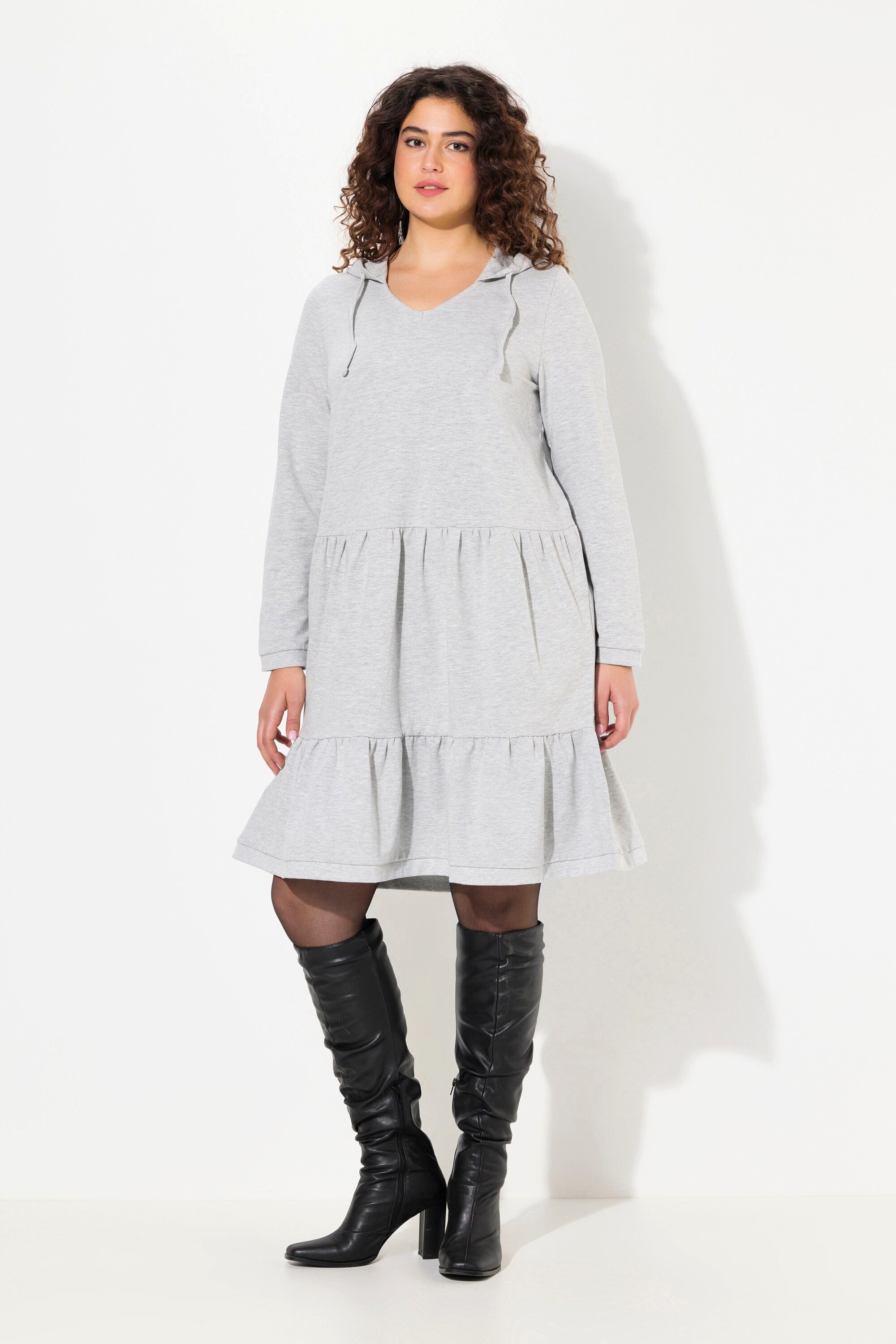Midikleid Sweatkleid Kapuze A-Linie V-Ausschnitt Langarm