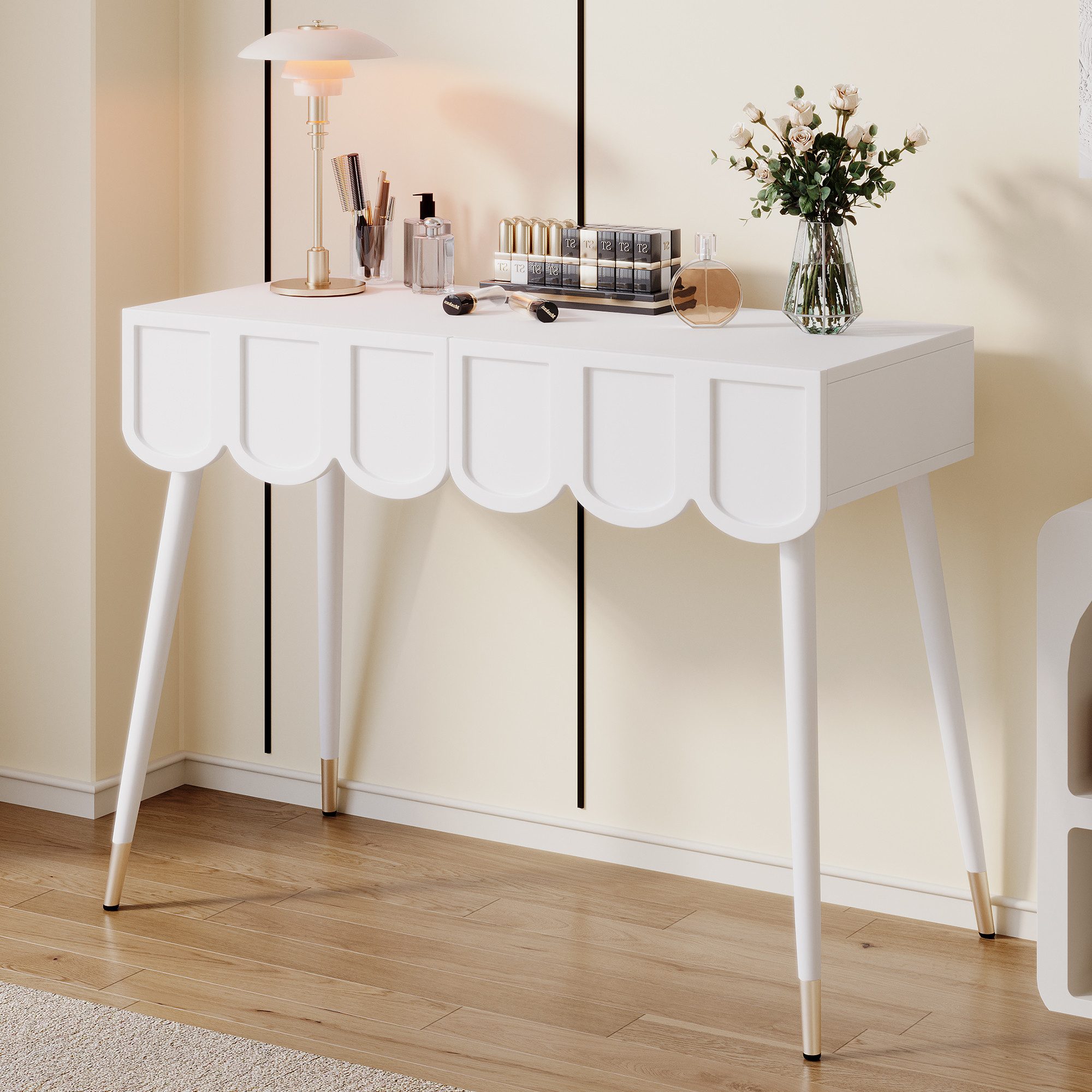 Merax Schminktisch Elegant Frisiertisch mit 2 Wellenförmige Schublade (1-St., Schublade, Metallfüße, Schreibtisch, Konsolentisch), für Wohnzimmer, Schlafzimmer, Weiß