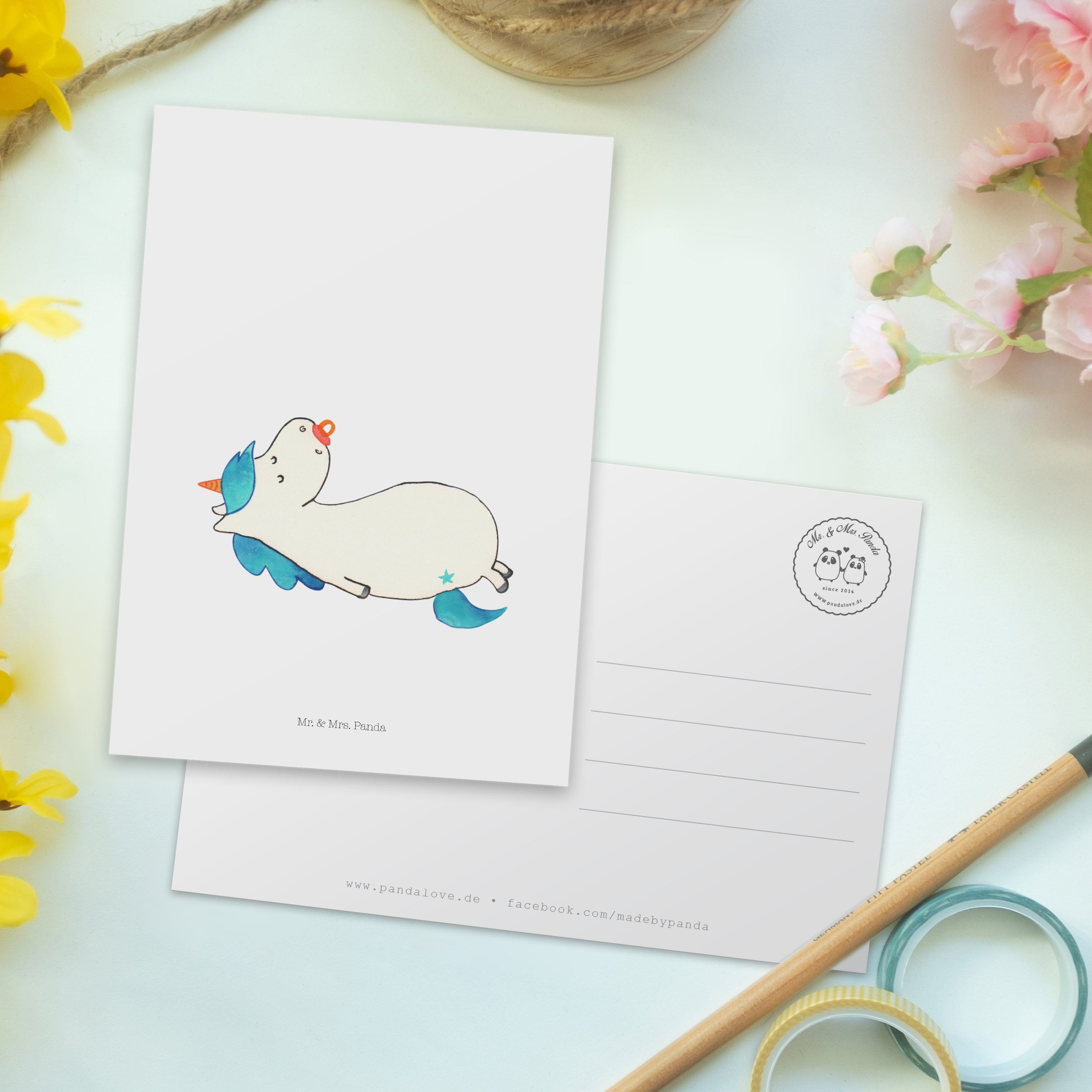 Unicorn, Einl Weiß Grußkarte, - Schnullie Postkarte Panda & Mutter, - Mr. Mrs. Geschenk, Einhorn