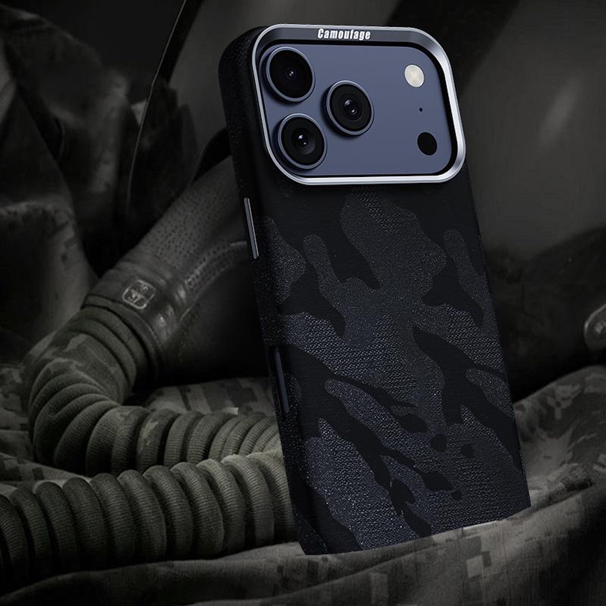 Wigento Handyhülle Backcover für Apple iPhone 17 Pro Carmouflage Struktur Schwarz 6,3 Zoll, hochwertige Kunsteder-Technologie Oberfläche